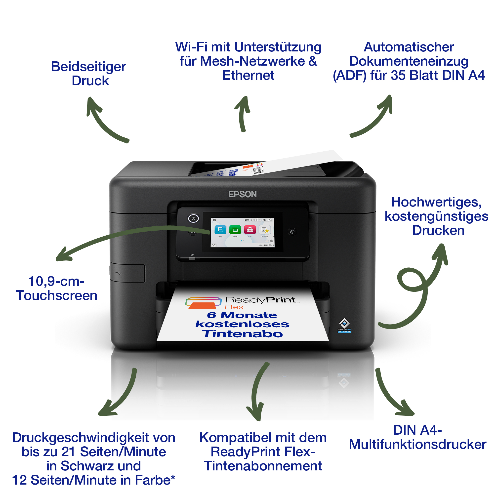 Ein schwarzer Epson Multifunktionsdrucker ist von Pfeilen mit deutschen Merkmalen umgeben.