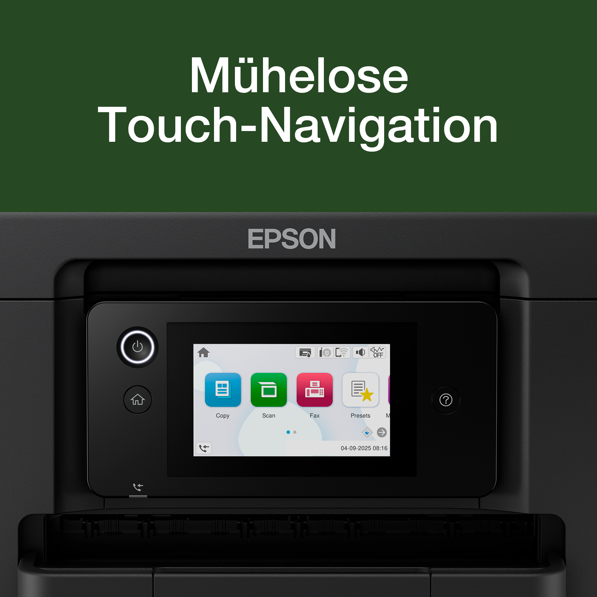 Epson-Drucker mit Touchscreen und deutscher Aufschrift 'Mühelose Touch-Navigation'.