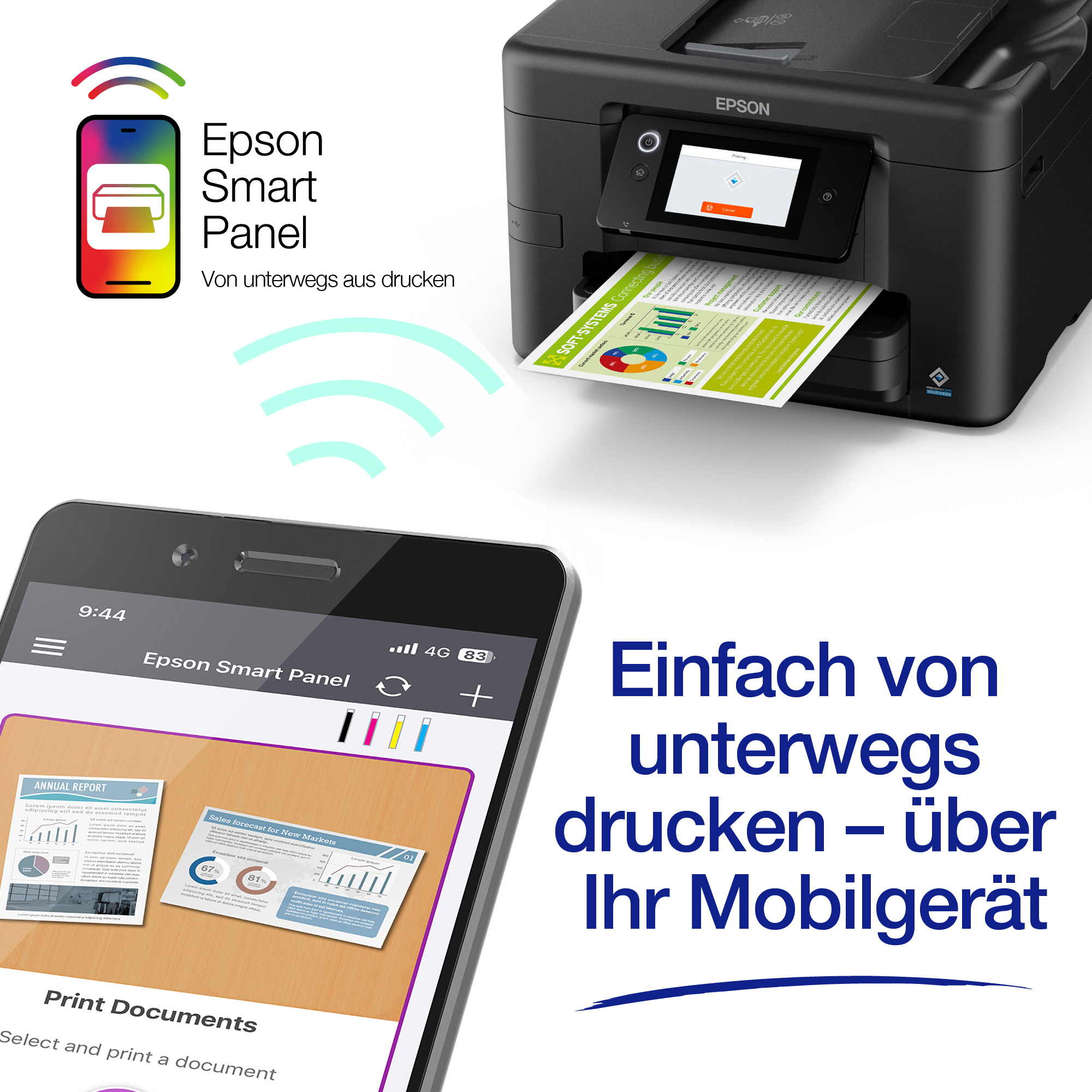 Ein Epson Drucker druckt kabellos ein Dokument von einem Smartphone mit der Epson Smart Panel App.