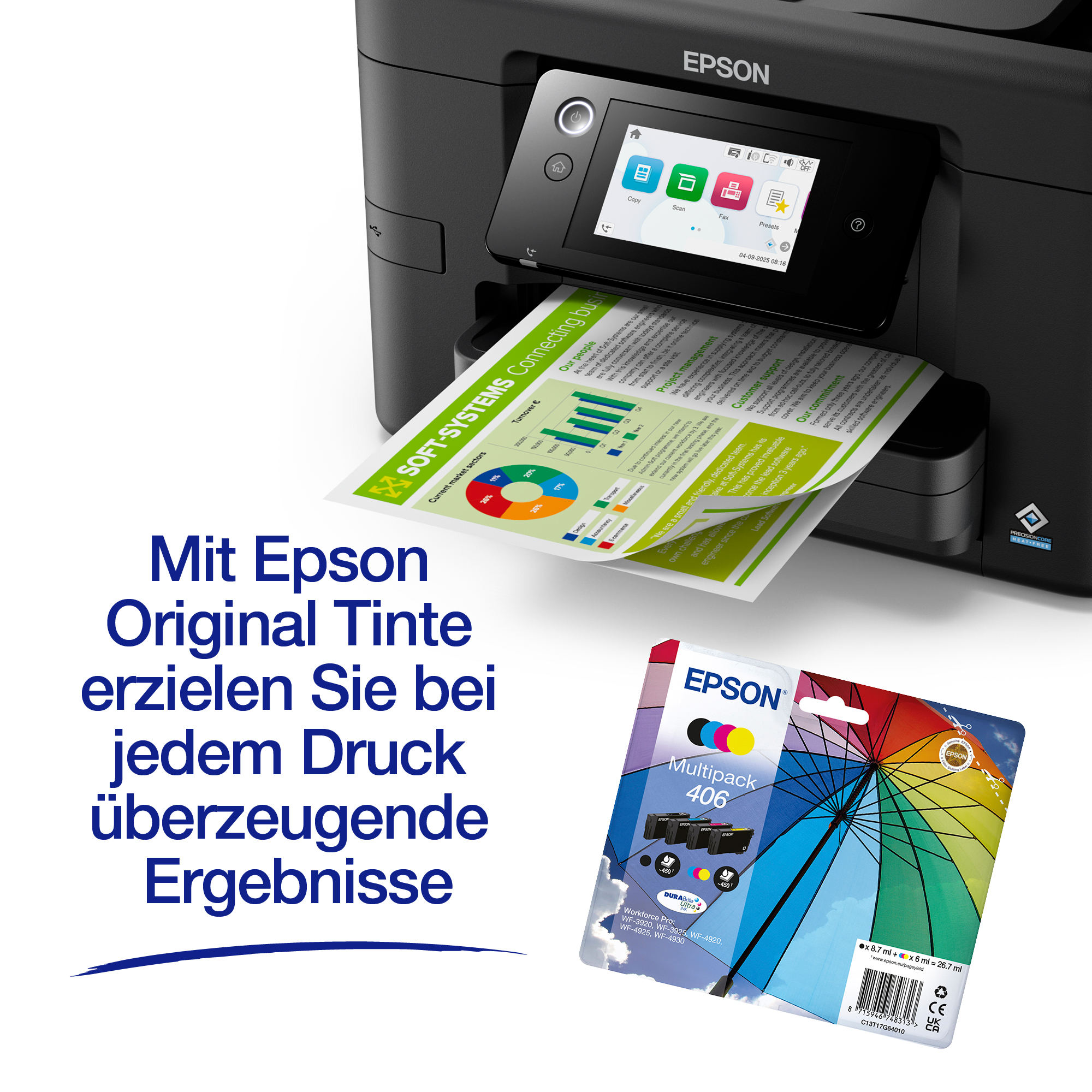 Ein Epson-Drucker druckt ein Farbdokument, daneben eine Tinten-Multipackung und deutscher Werbetext.