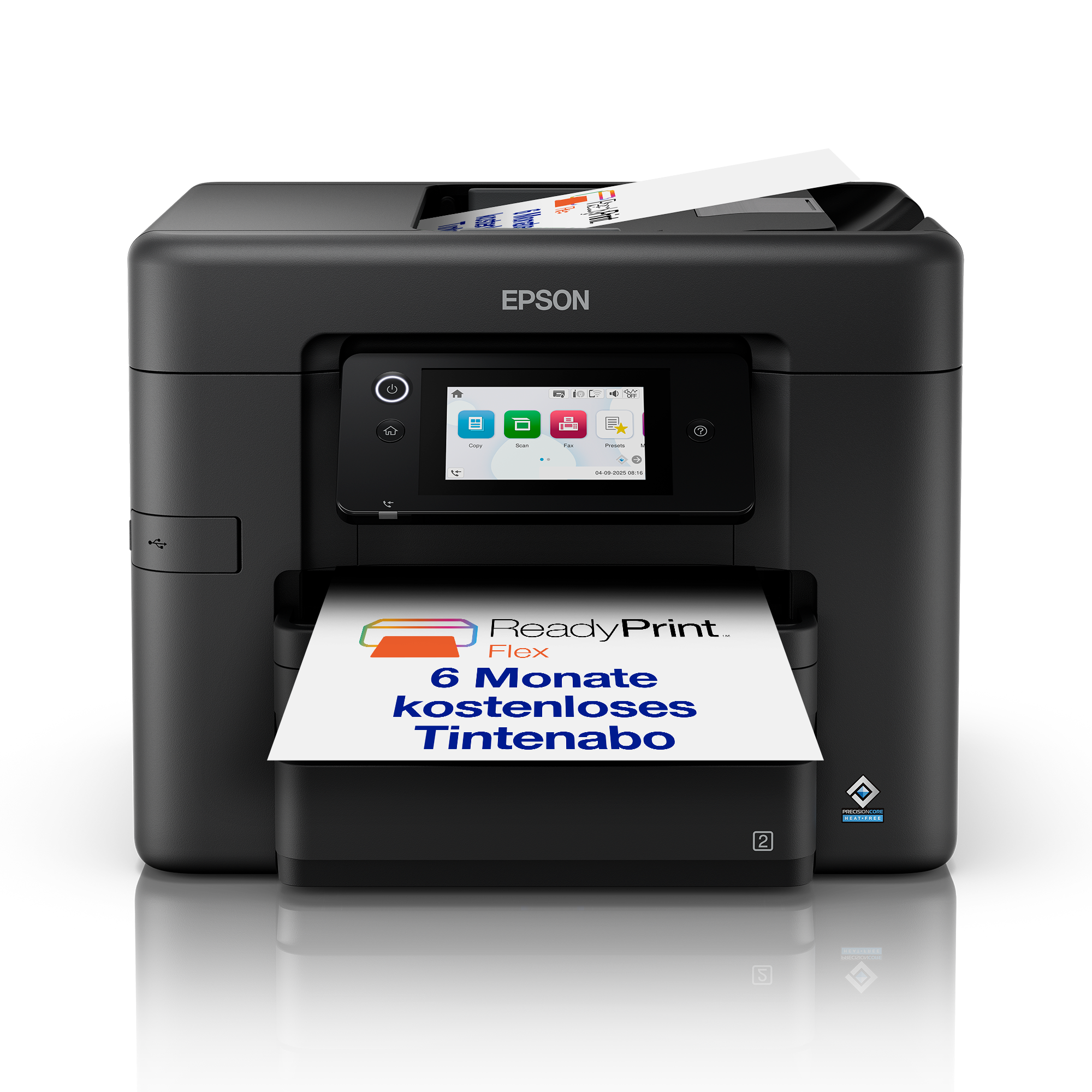 Ein schwarzer Epson-Drucker druckt ein Blatt Papier mit ReadyPrint Flex-Text vor schwarzem Hintergrund.