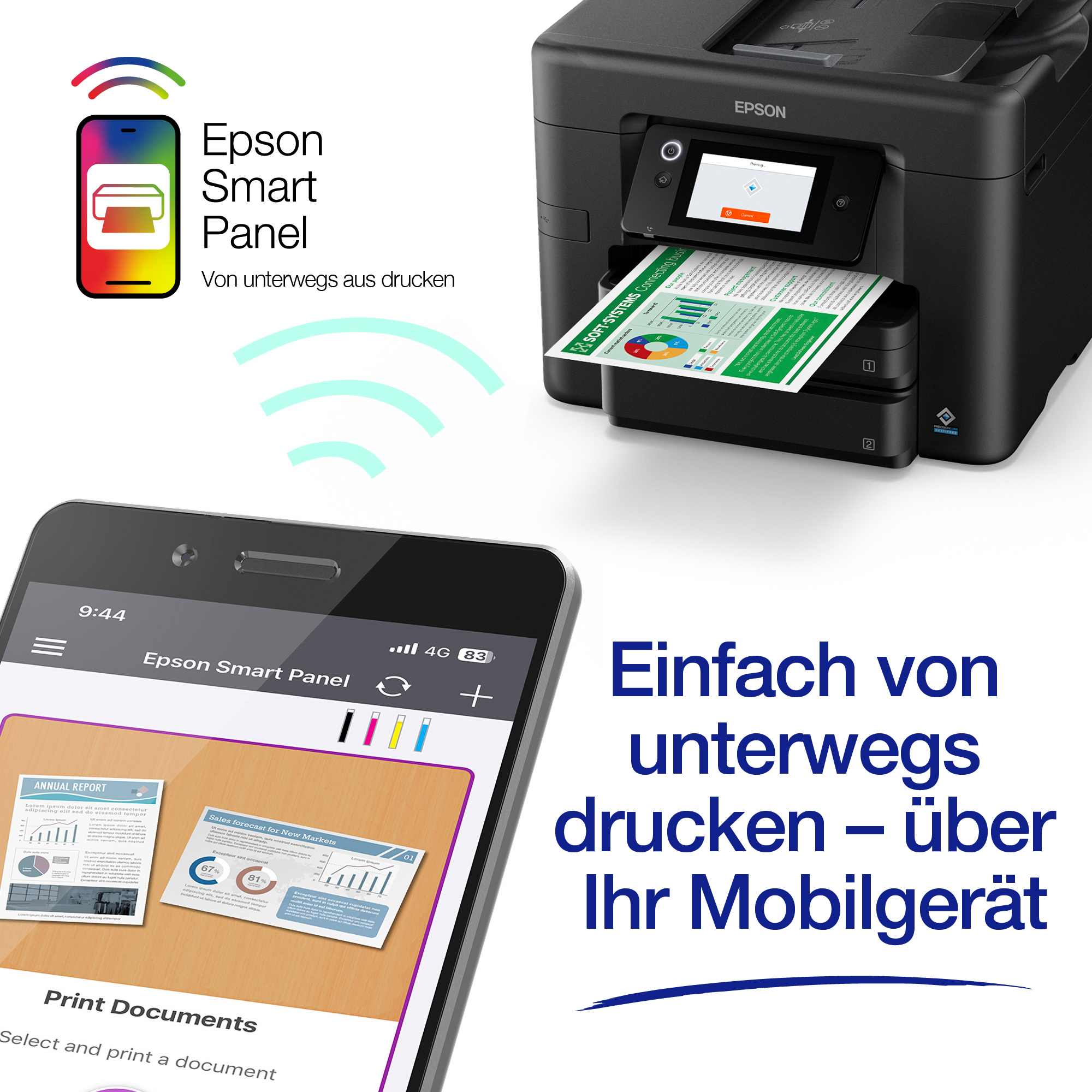 Ein schwarzer Epson-Drucker druckt Dokumente drahtlos von einem Smartphone mit der Epson Smart Panel App.