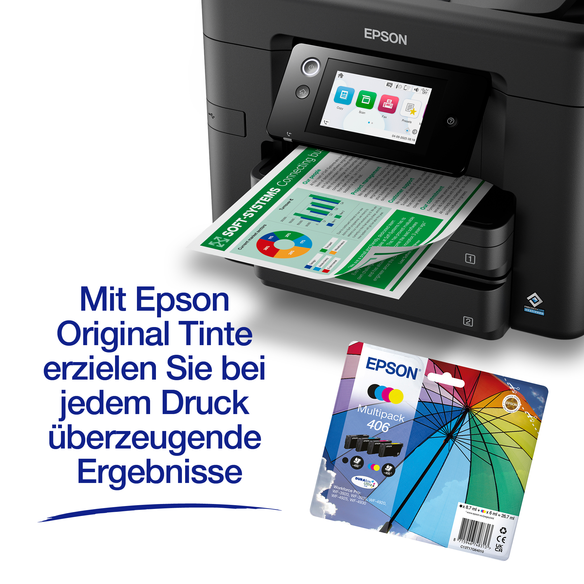 Ein Epson-Drucker druckt ein farbiges Dokument, rechts daneben liegt eine originale Epson-Tintenpatronen-Verpackung.