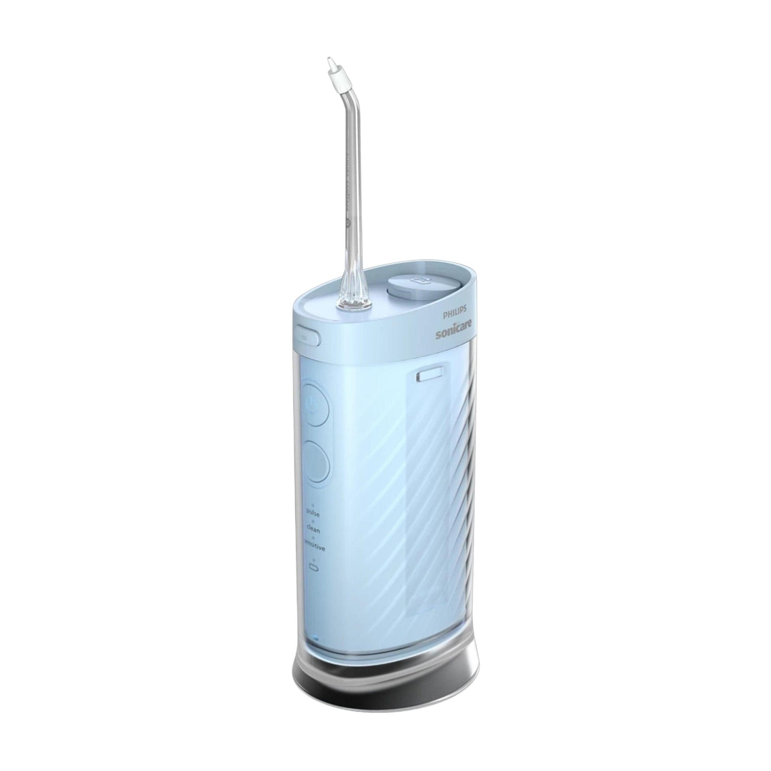 Un idropulsore cordless Philips Sonicare azzurro con serbatoio d'acqua trasparente.