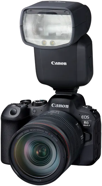 Appareil photo noir Canon EOS R6 Mark II avec flash Canon fixé sur fond noir.