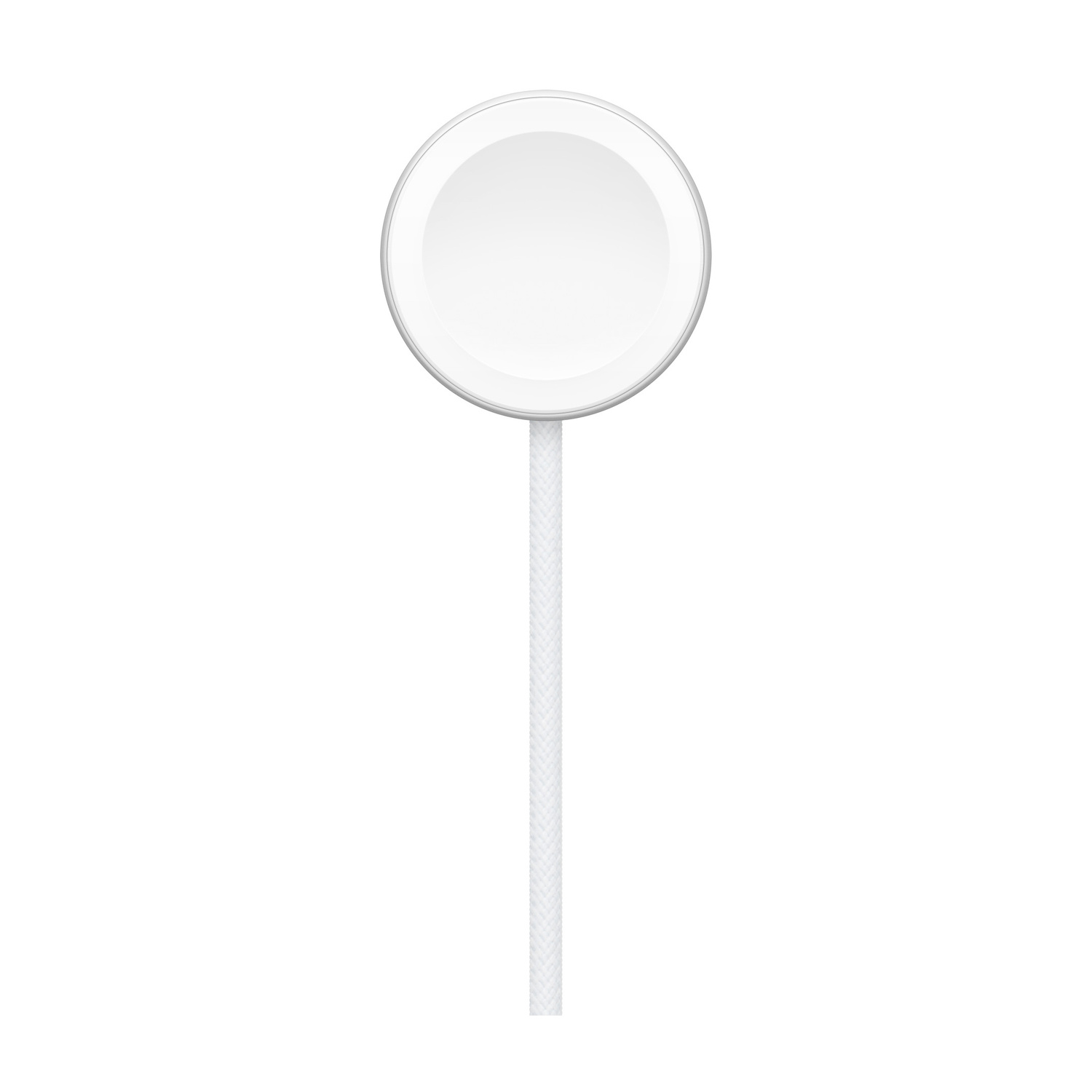 Un disco di ricarica magnetico circolare bianco per Apple Watch con cavo bianco intrecciato rivolto verso il basso.