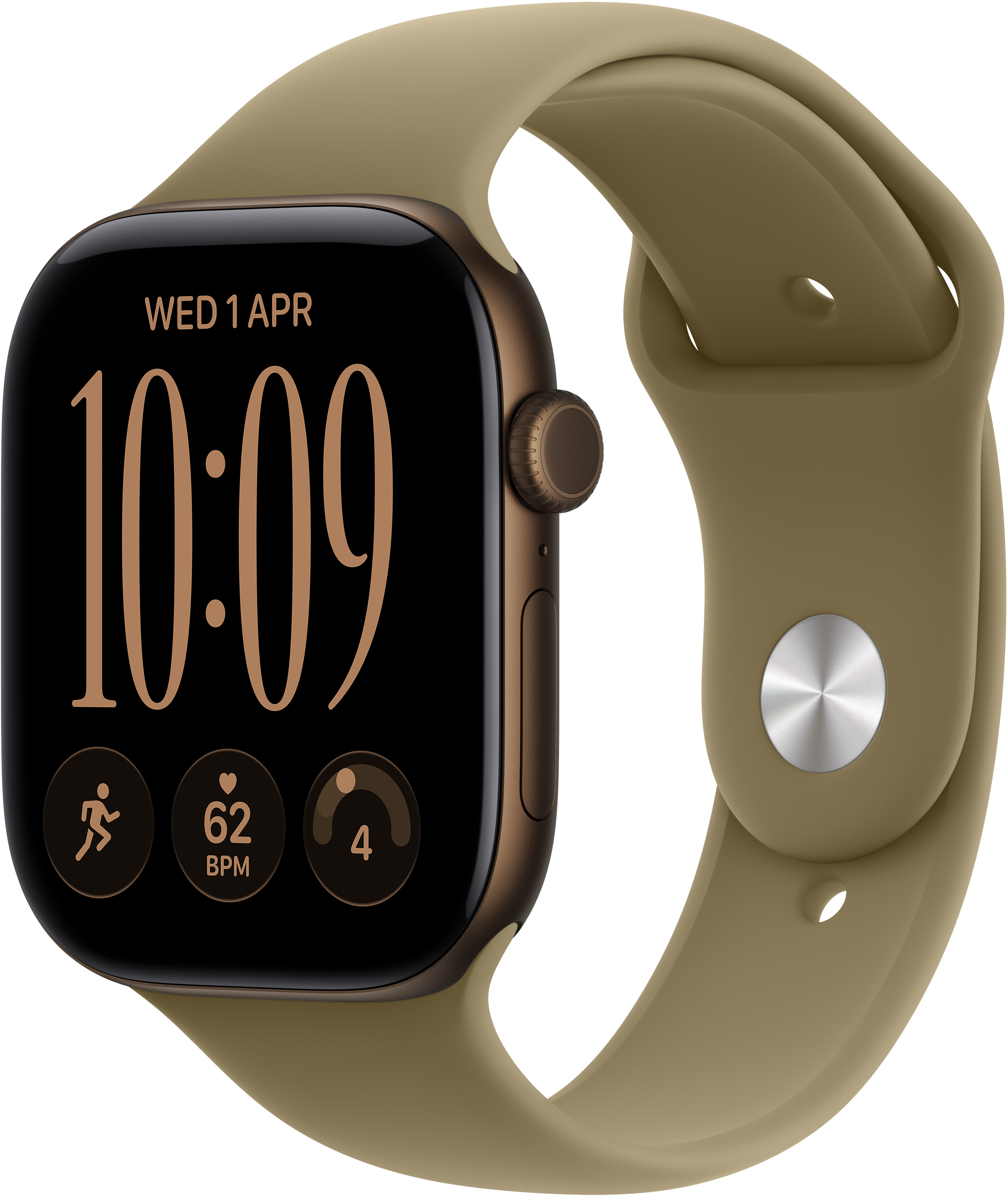 APPLE Watch Series 12 GPS, 42 mm-es sötét bronzszínű alumíniumtok, olíva sportszíj – M/L (MJEG4MP/A)