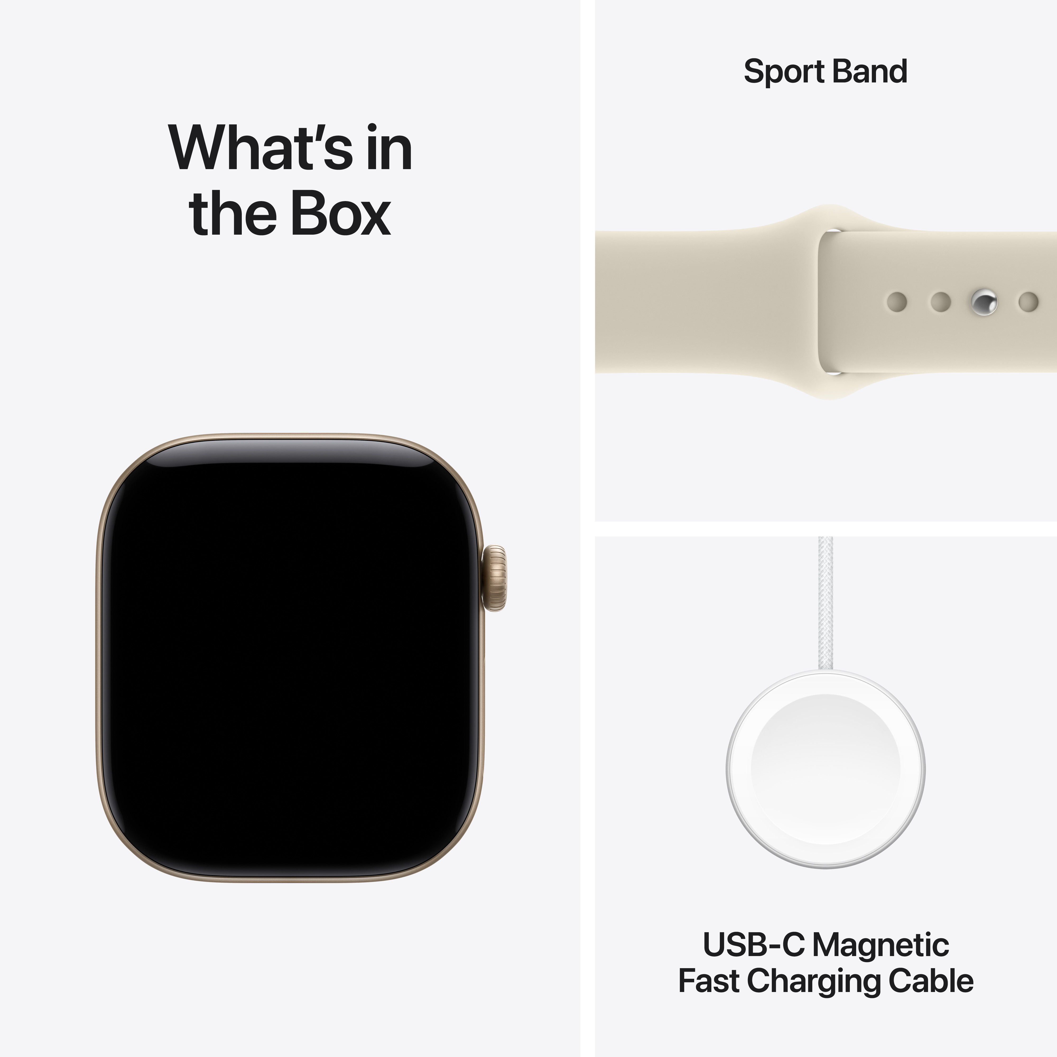 A doboz tartalma: okosóra, sportpánt és USB-C mágneses gyorstöltőkábel.