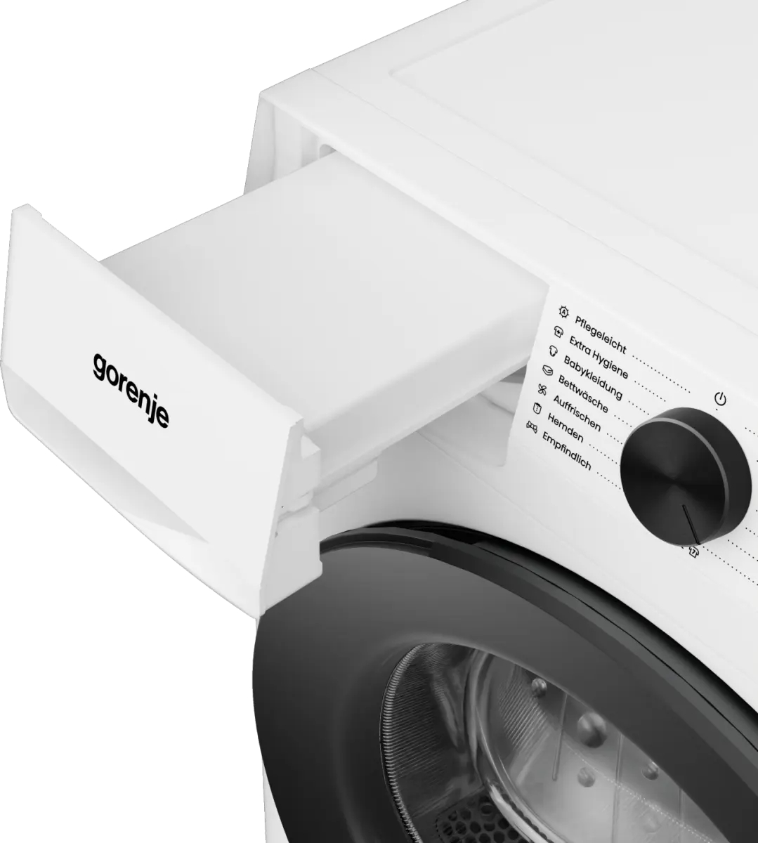Nahaufnahme einer weißen Gorenje-Waschmaschine mit herausgezogenem Waschmittelbehälter und schwarzem Drehregler.