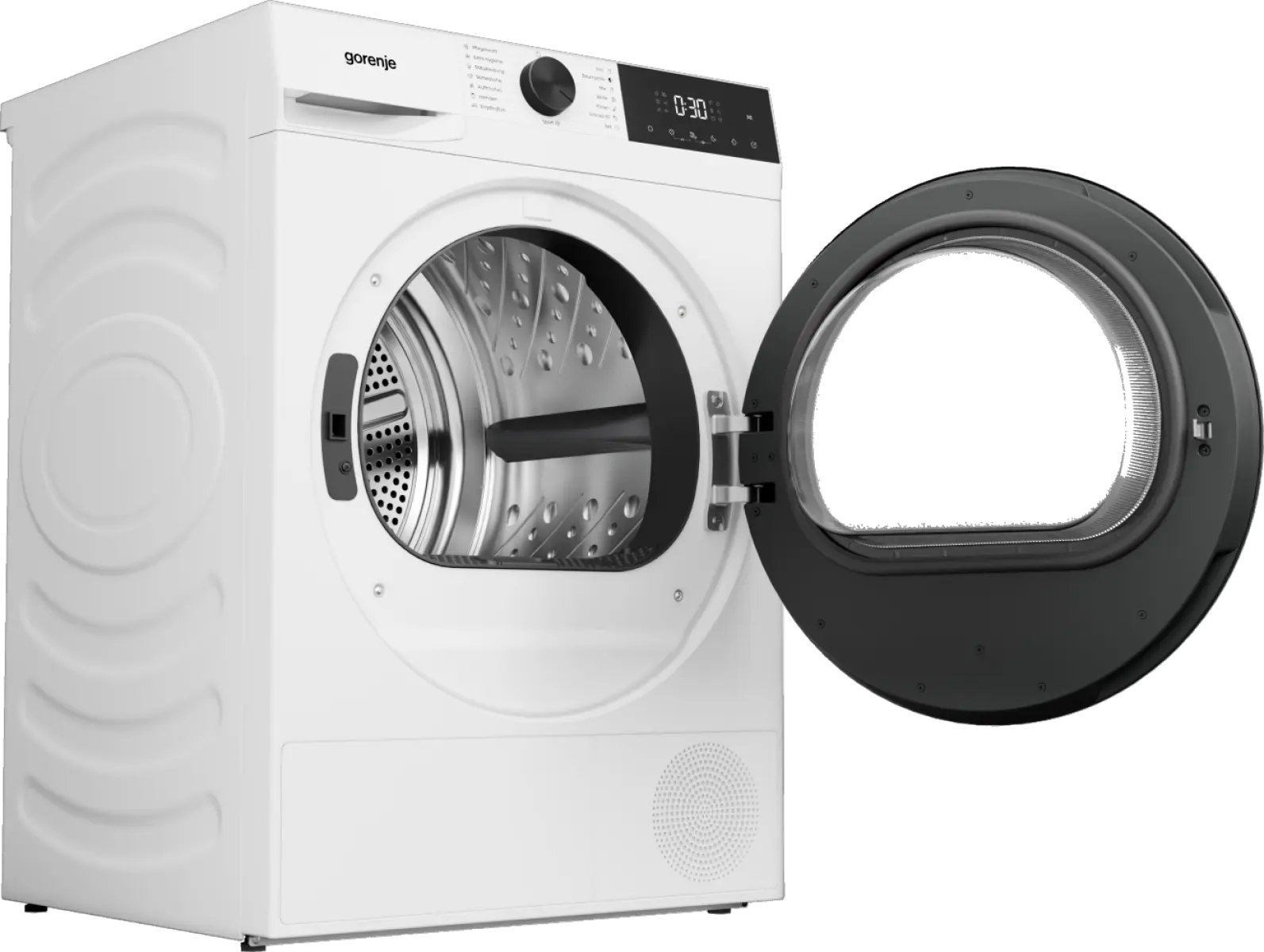 Ein weißer Gorenje-Trockner mit geöffneter schwarzer Tür und Edelstahl-Trommel.