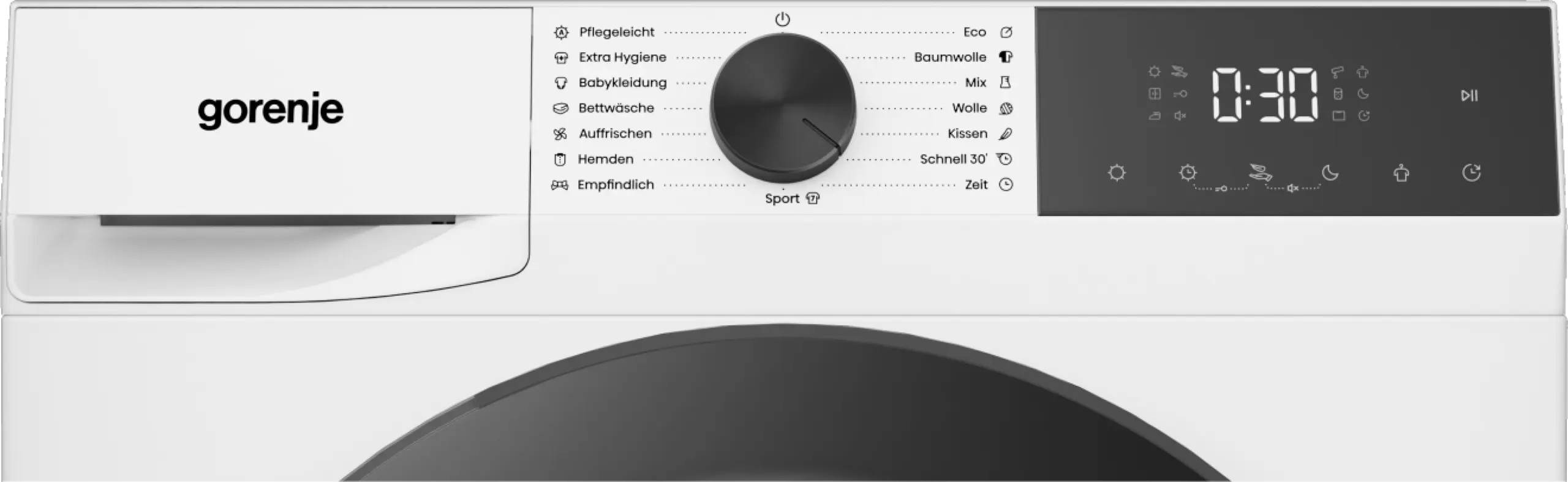 Bedienfeld einer weißen Gorenje Waschmaschine mit schwarzem Drehwähler und digitalem Display.