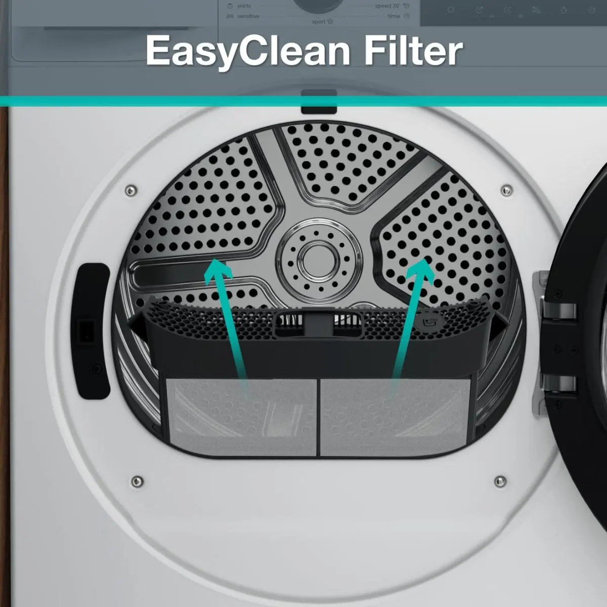 Open door of a white dryer showing the EasyClean filter and drum interior with arrows pointing upward.