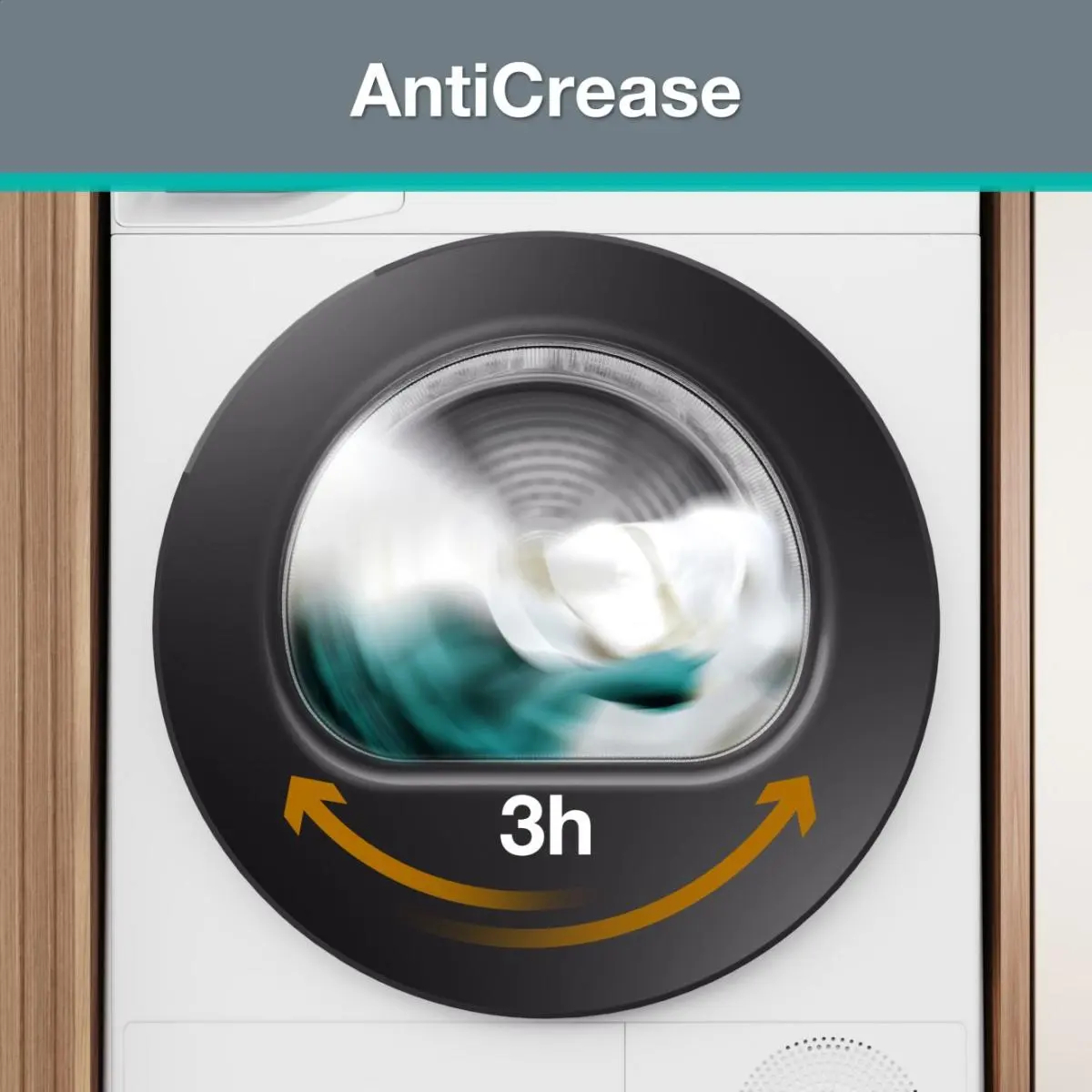 Anticrease-Funktion eines trockners mit 3 Stunden Trommelbewegung.