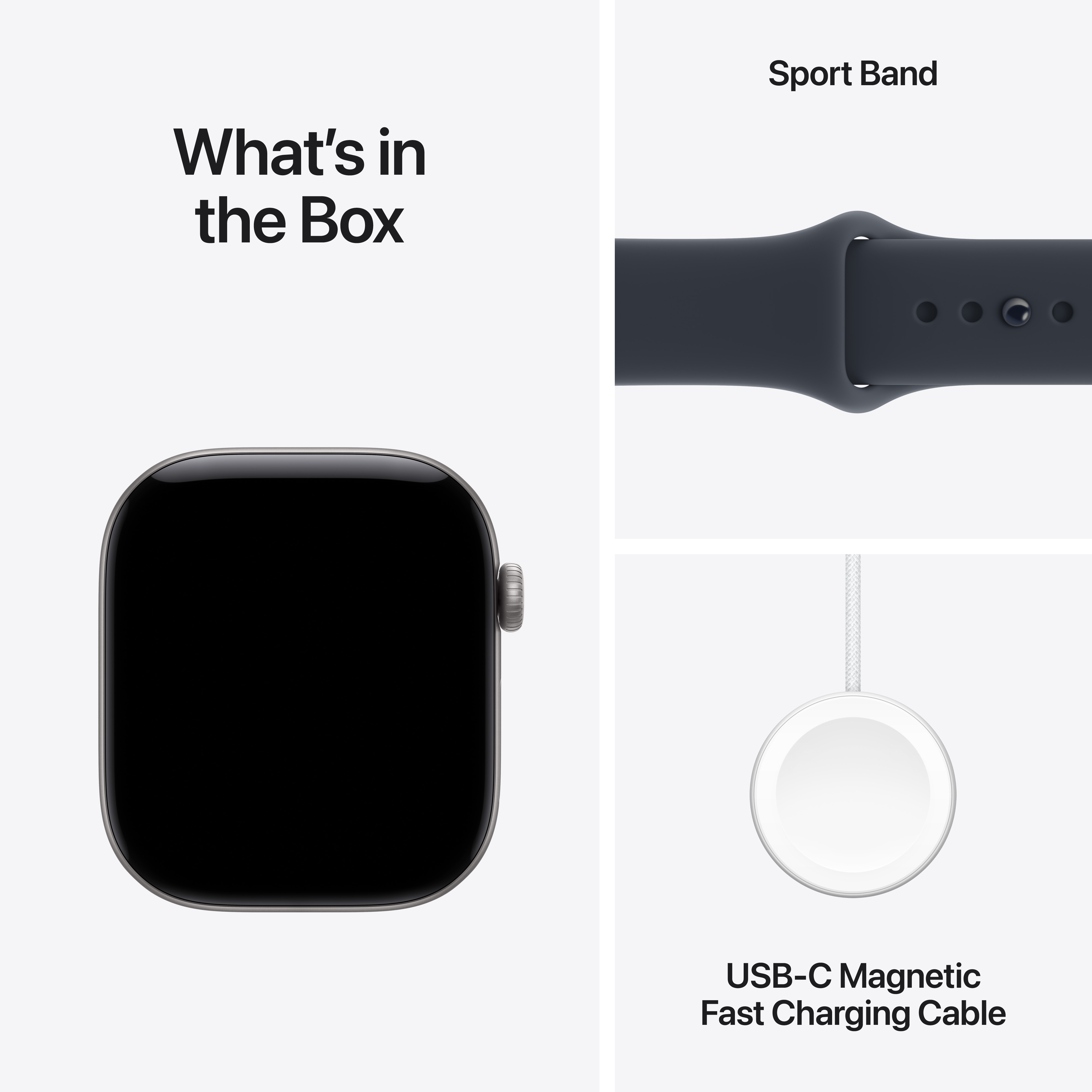 A doboz tartalma: Apple Watch, sportpánt és USB-C mágneses gyorstöltő kábel.