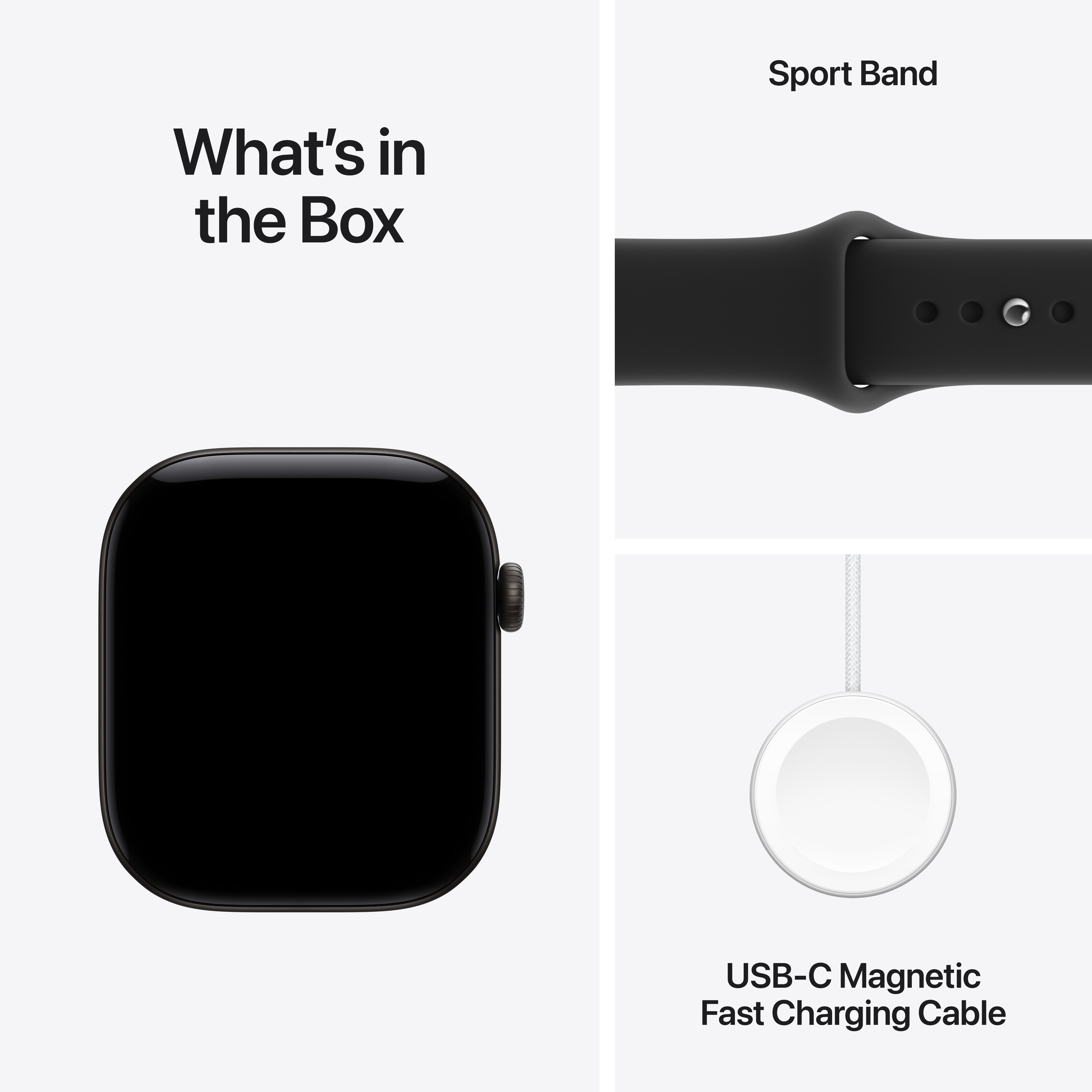 A doboz tartalma: fekete okosóra, fekete sportpánt és USB-C mágneses gyorstöltő kábel.