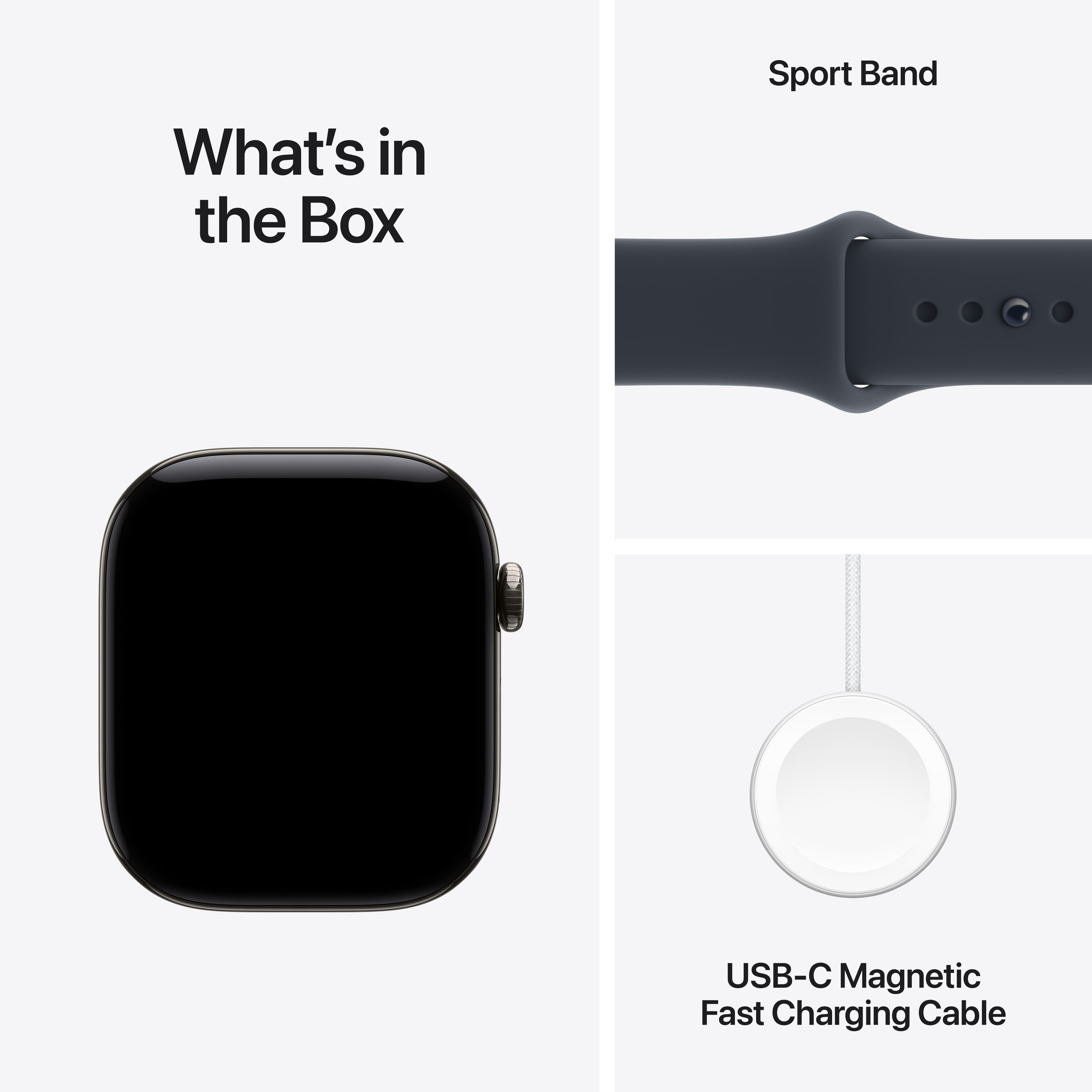 Mi van a dobozban: egy Apple Watch, egy sportpánt és egy USB-C mágneses gyorstöltőkábel.