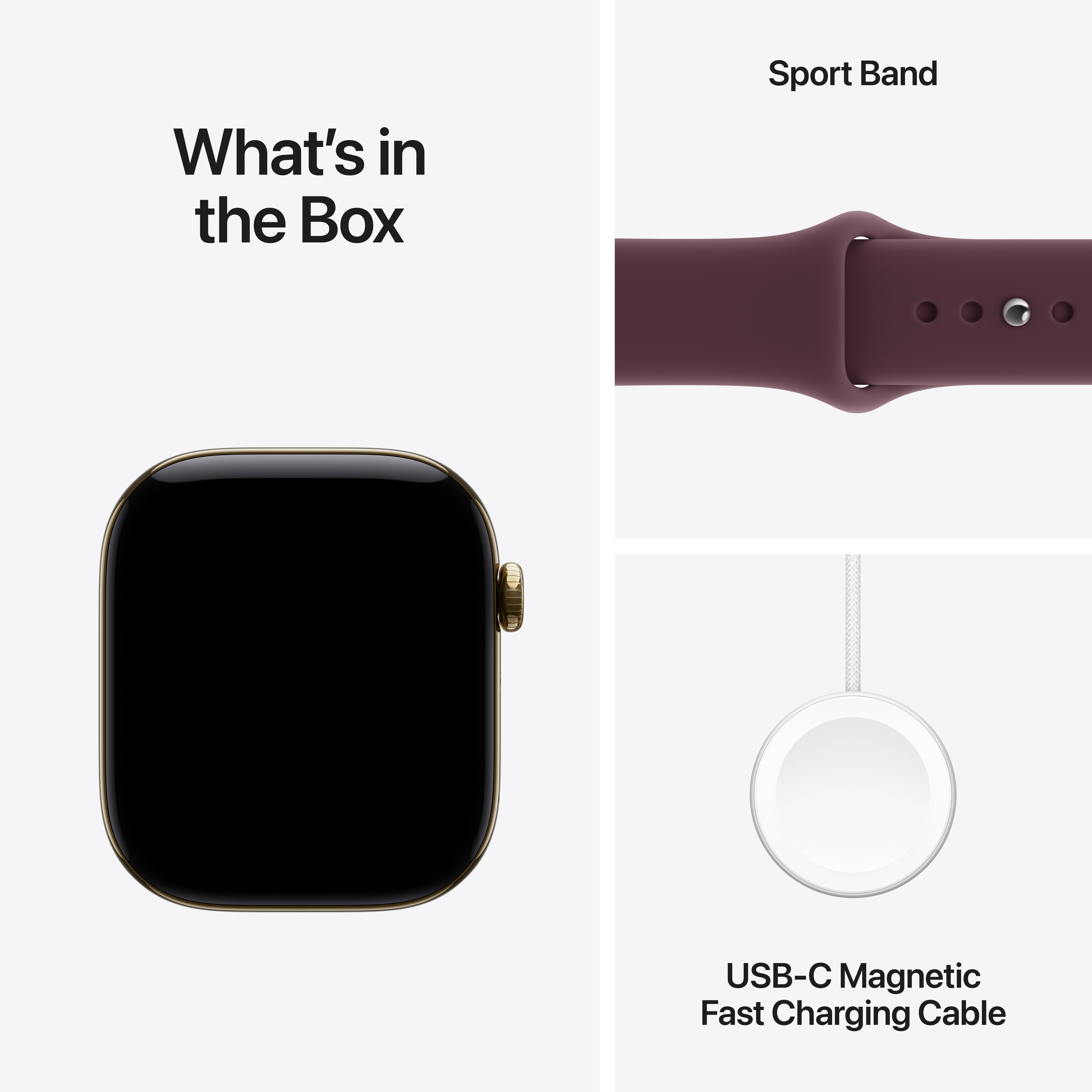 A doboz tartalma: Egy okosóra, egy sport szíj és egy USB-C mágneses gyorstöltő kábel.