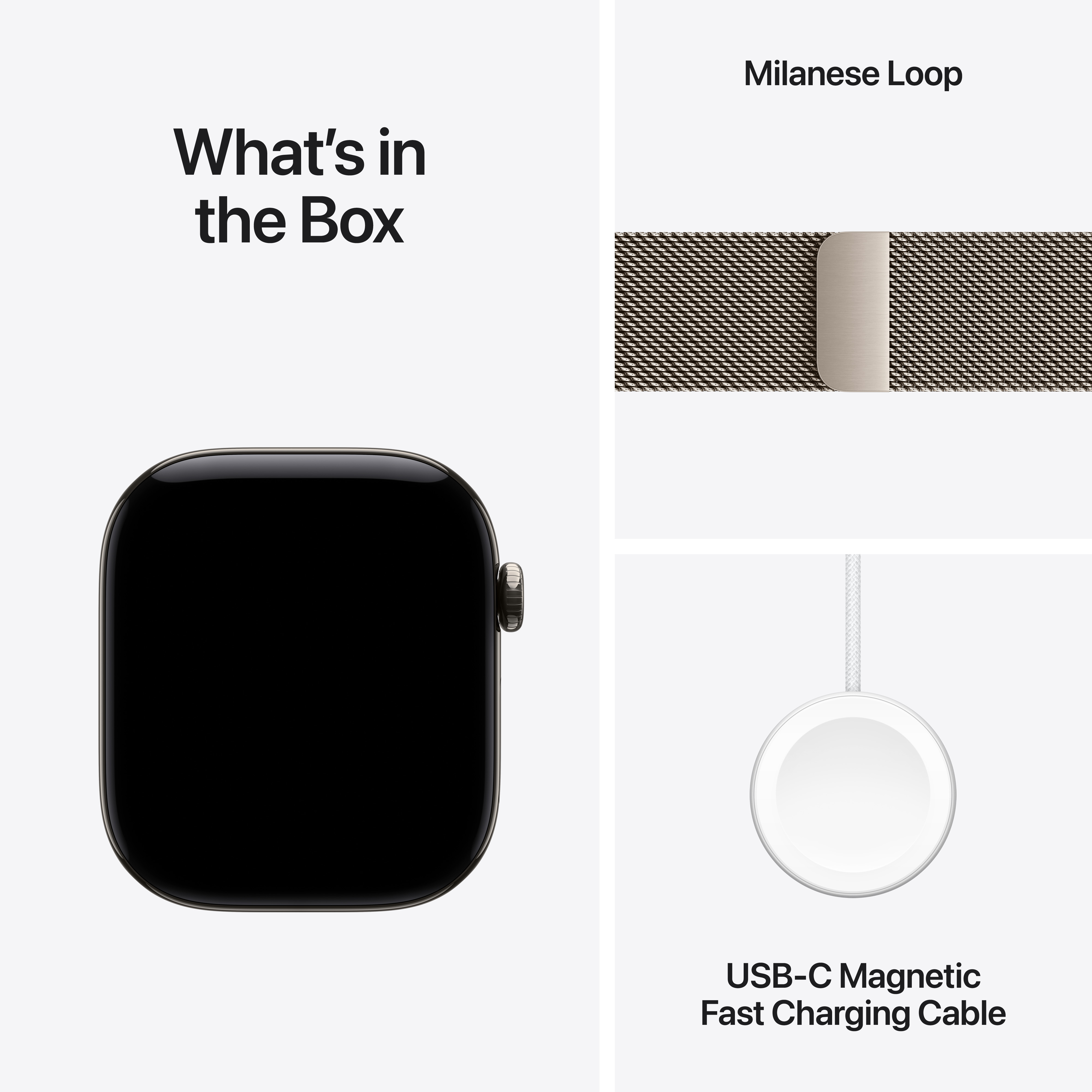 A doboz tartalma: Apple Watch tok, Milanese Loop szíj és USB-C mágneses gyorstöltő kábel.