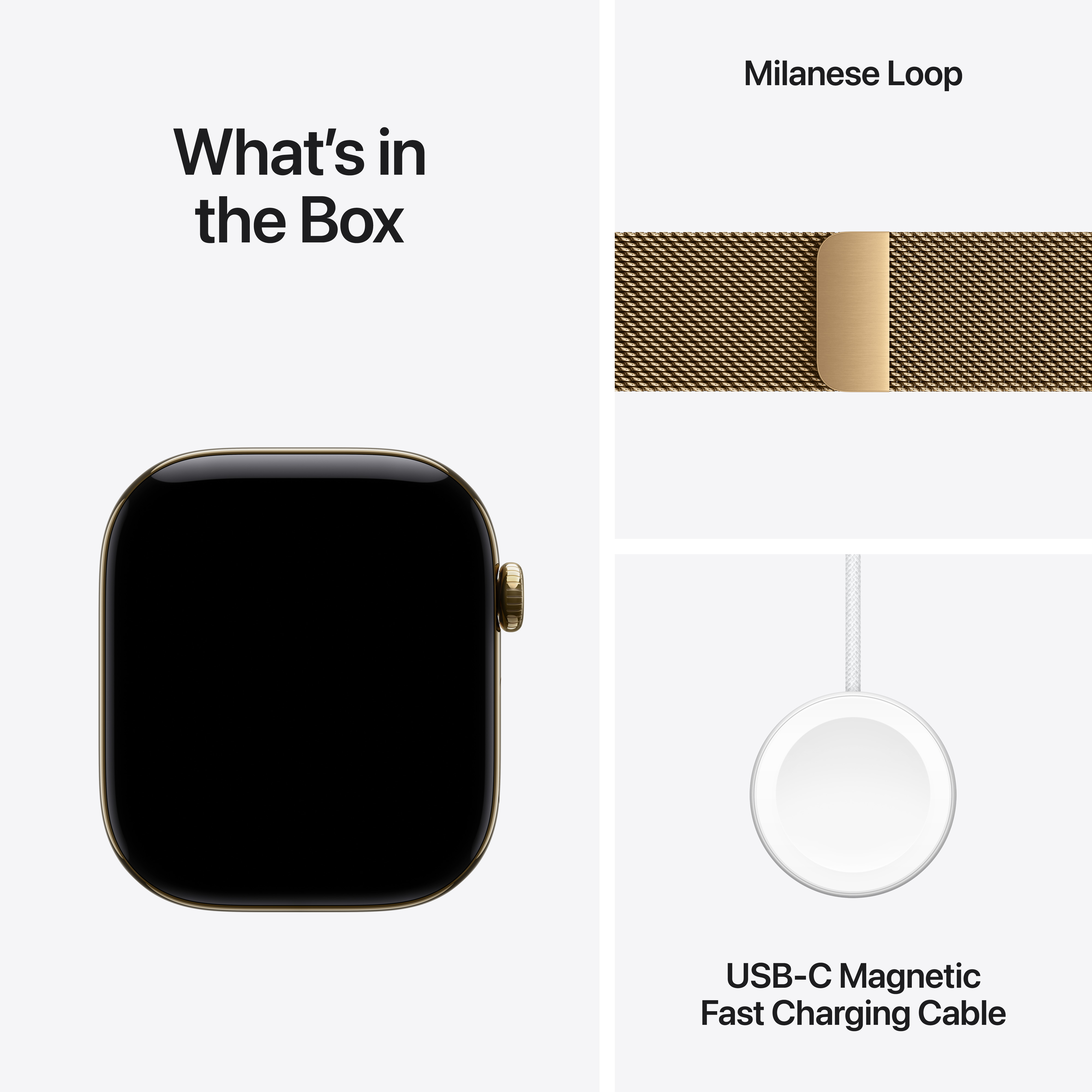 A doboz tartalma: egy okosóra, egy arany Milanese Loop szíj és egy USB-C mágneses gyorstöltő kábel.