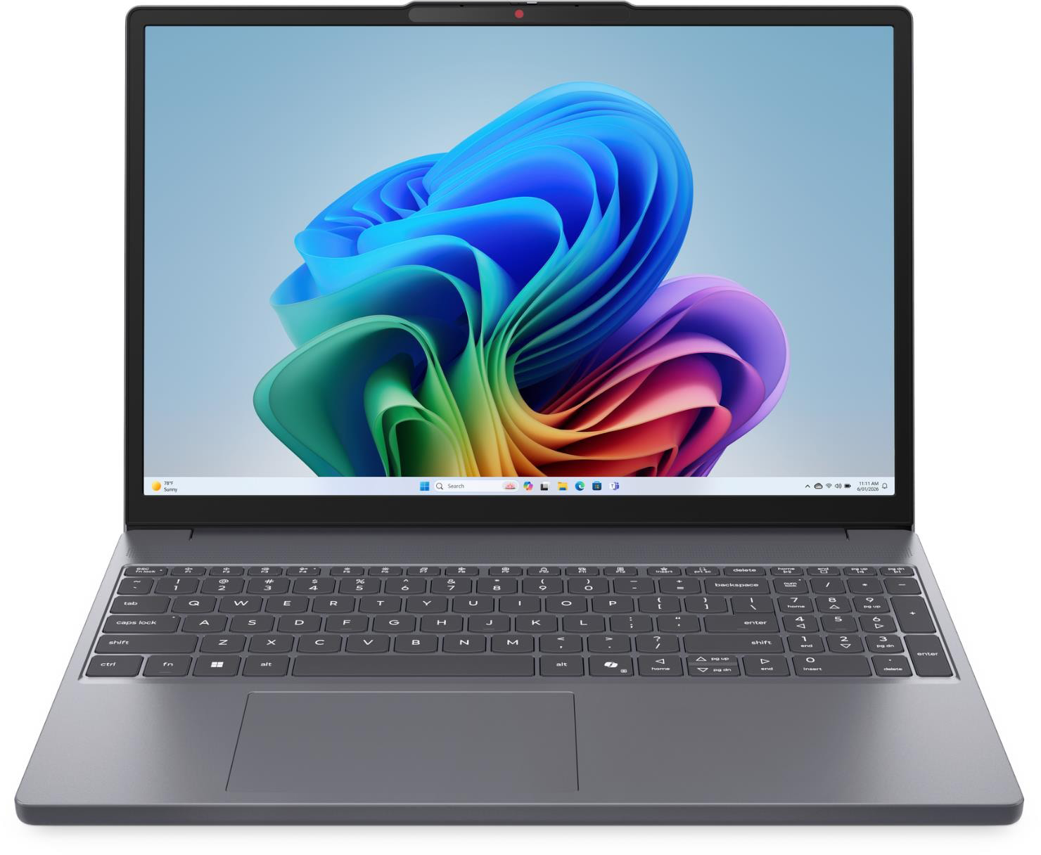 Egy szürke laptop, képernyőjén színes, absztrakt virágmintás grafikával.