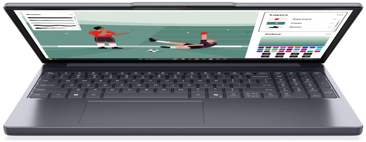 Egy szürke laptop képernyőjén focis dizájn látható, alatta teljes billentyűzettel és érintőpaddal.