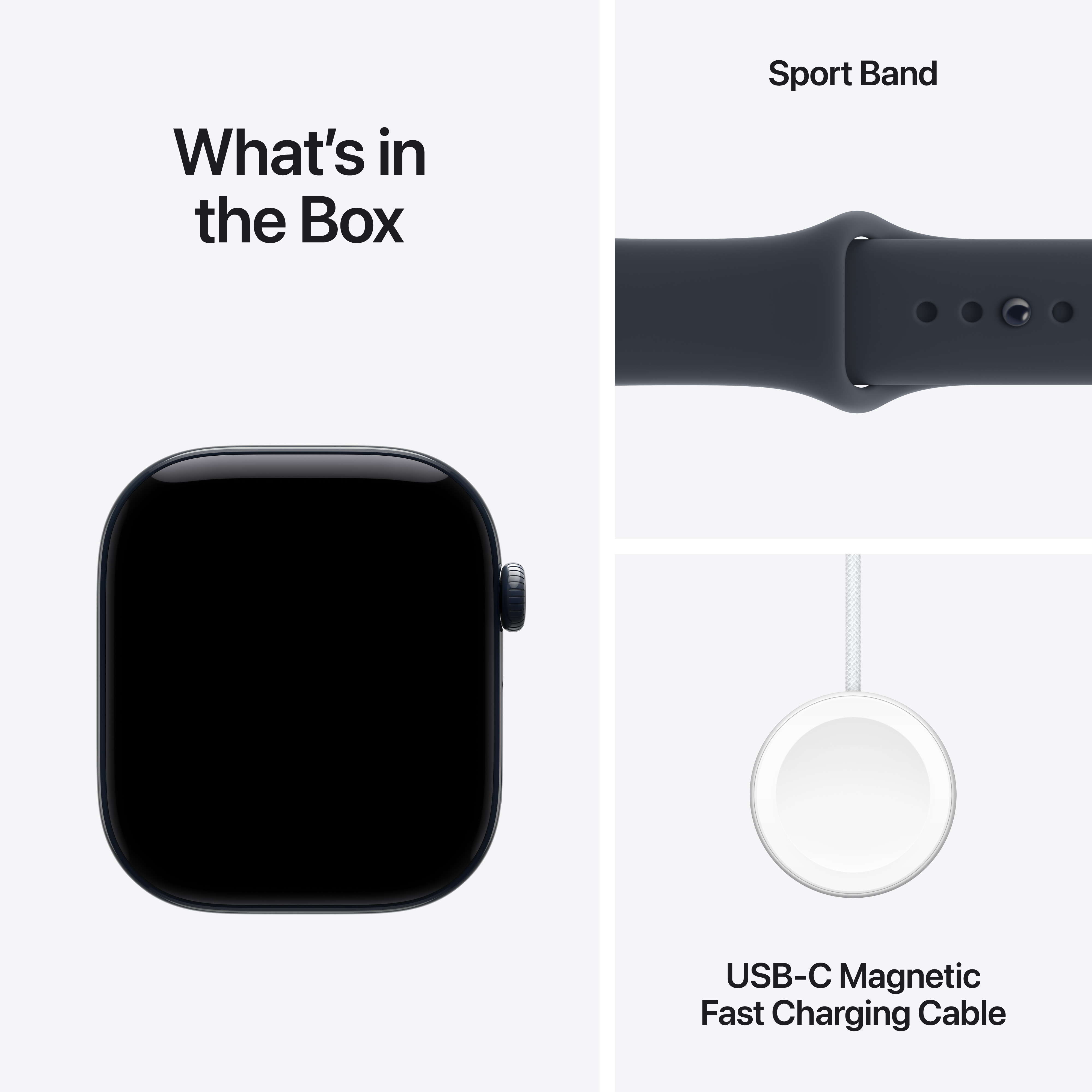 Mi van a dobozban: Egy okosóra, egy sportpánt és egy USB-C gyorstöltő kábel.