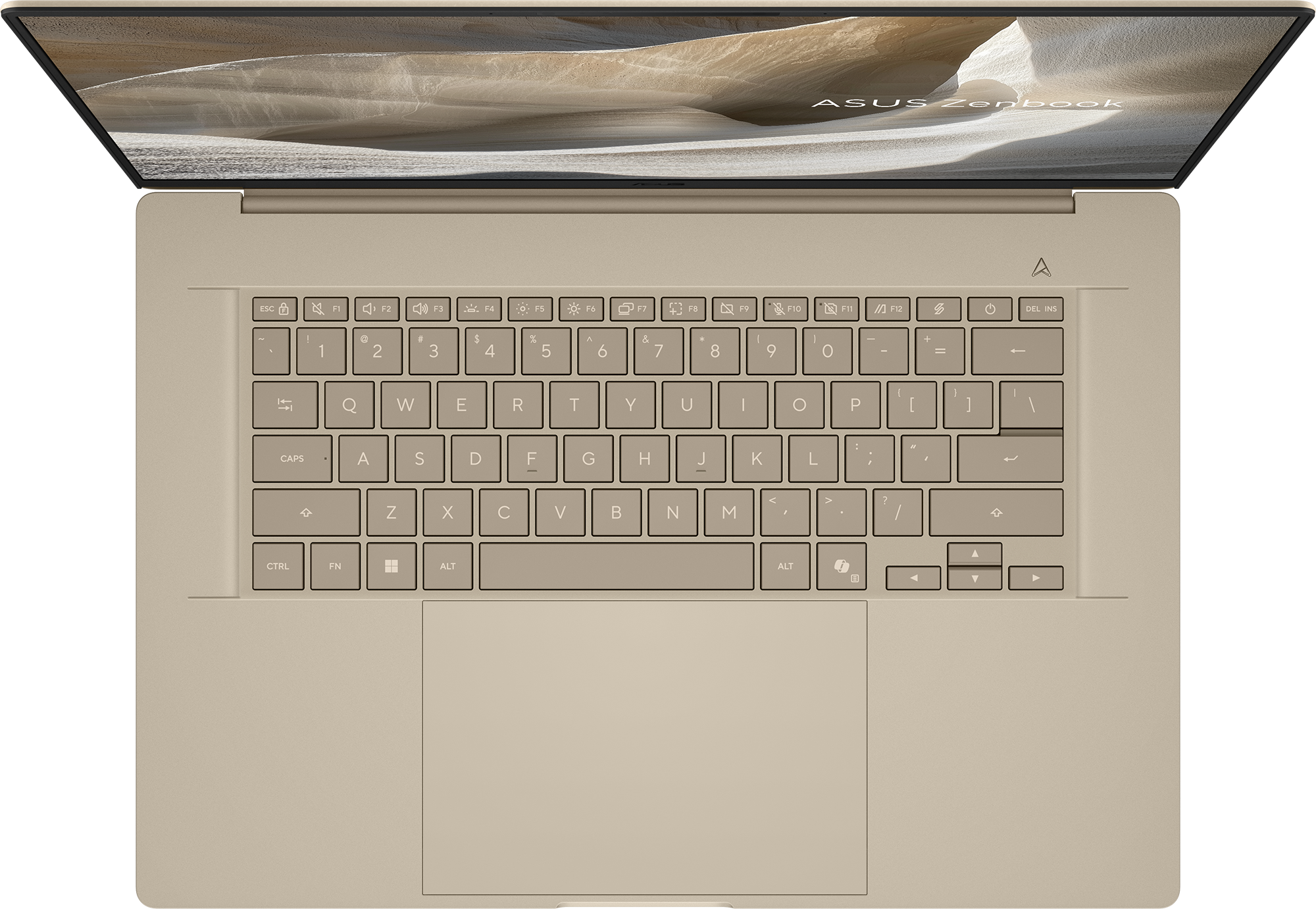 Egy arany színű Asus Zenbook laptop felülről nézve, háttérvilágítású billentyűzettel és tájképpel a képernyőn.