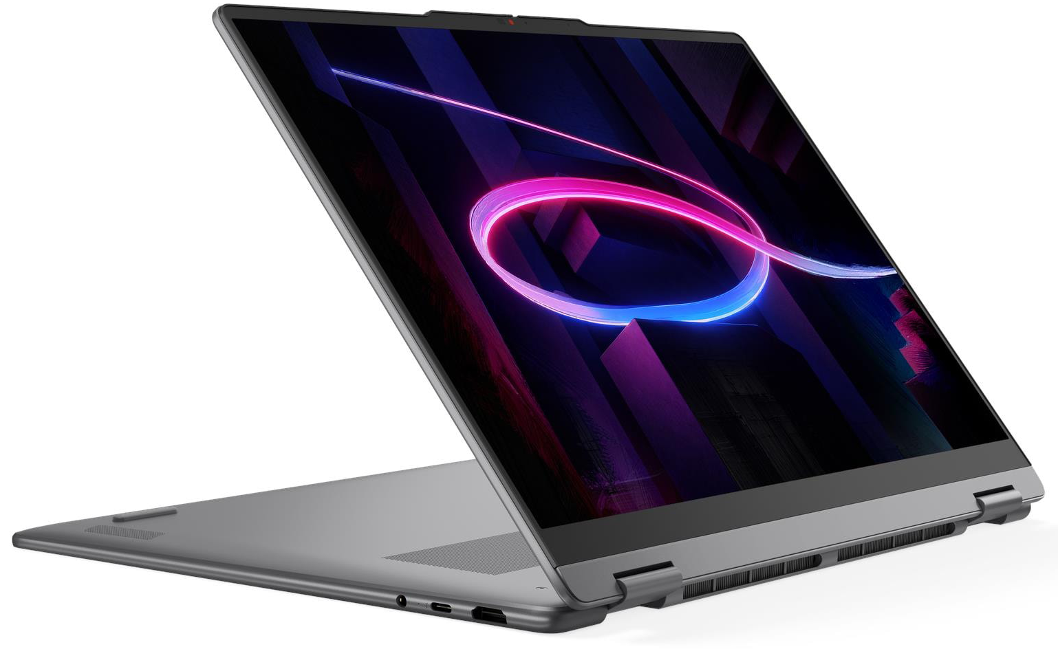 Egy szürke laptop nyitott képernyővel absztrakt, izzó rózsaszín és kék neonfényt mutat a kijelzőn.