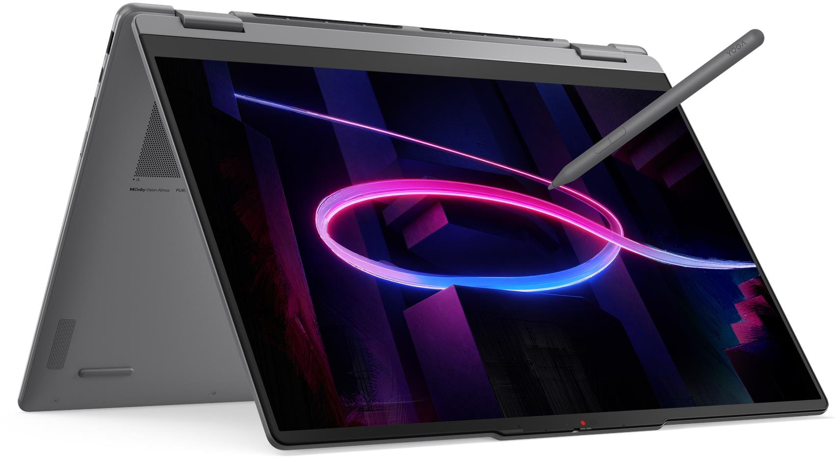Egy szürke konvertibilis laptop sátor módban, érintőtollal a képernyőn, neonfényeket ábrázolva.