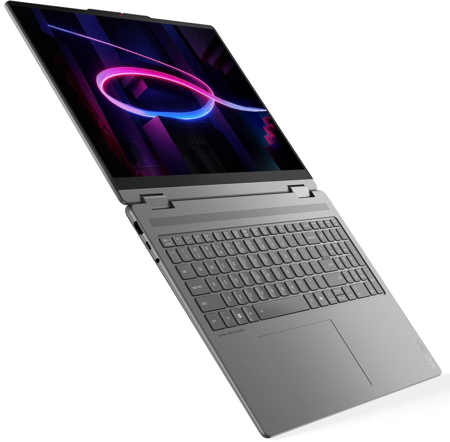 Szürke laptop szögben mutatva, a képernyőn vibráló neonfény absztrakt háttérrel.