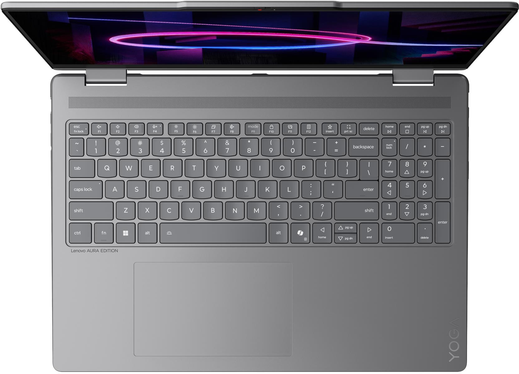 Szürke laptop megvilágított képernyővel, QWERTY billentyűzettel és beépített érintőpaddal.