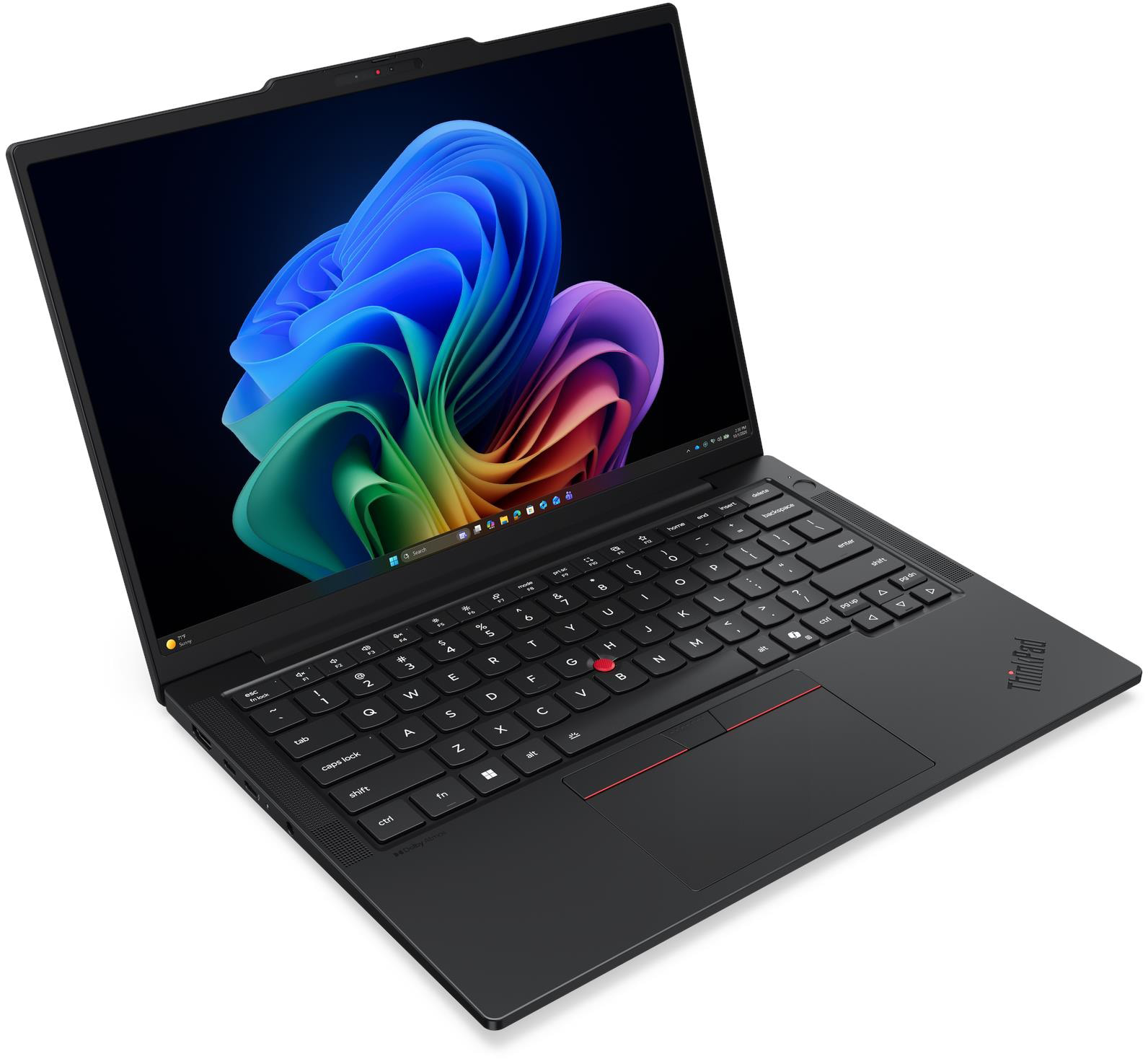 Egy fekete laptop színes, örvénylő elvont háttérképpel a képernyőjén, fehér alapon.