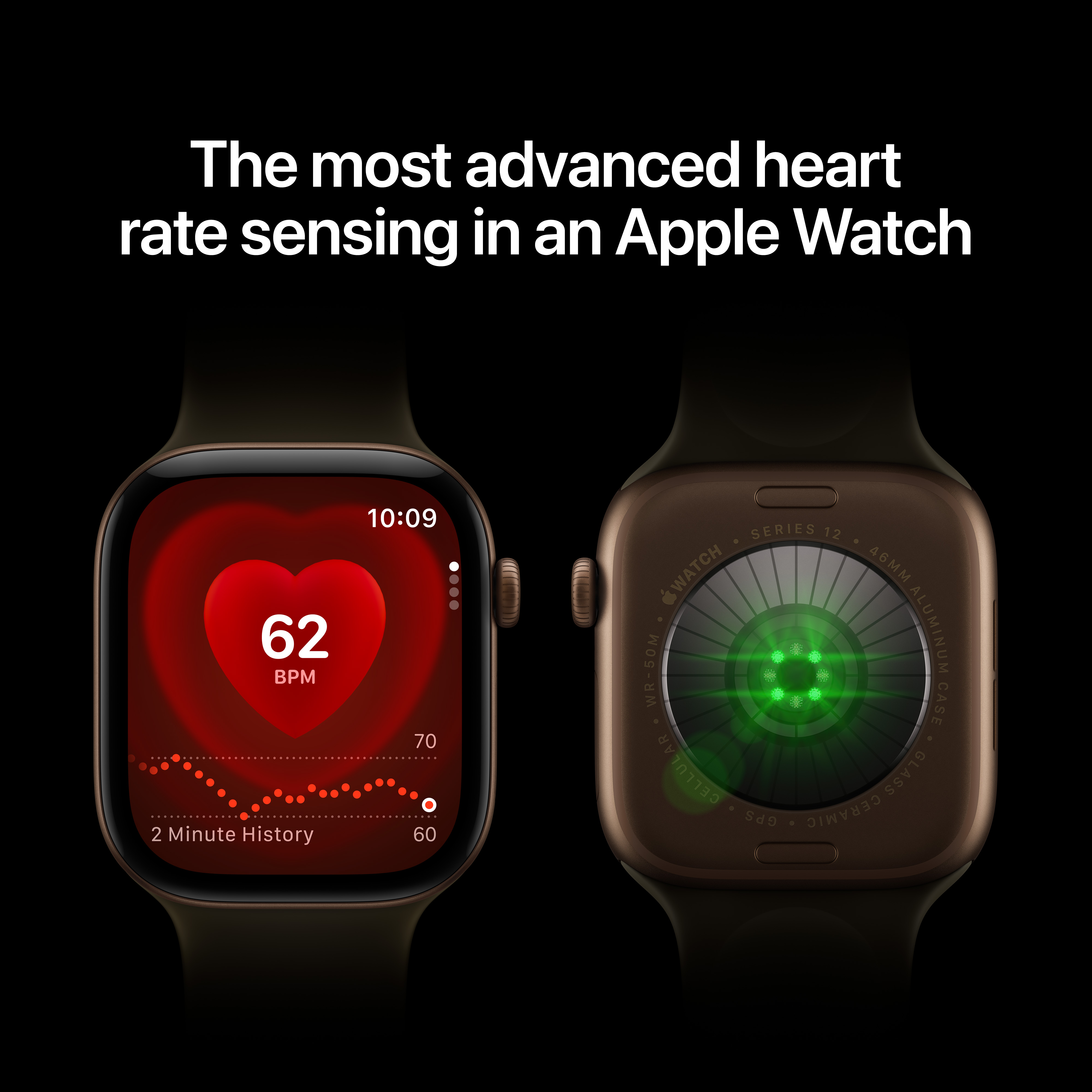 Egy Apple Watch két nézete mutatja a pulzusszámot a kijelzőn és zöld szenzorokat a hátoldalon.