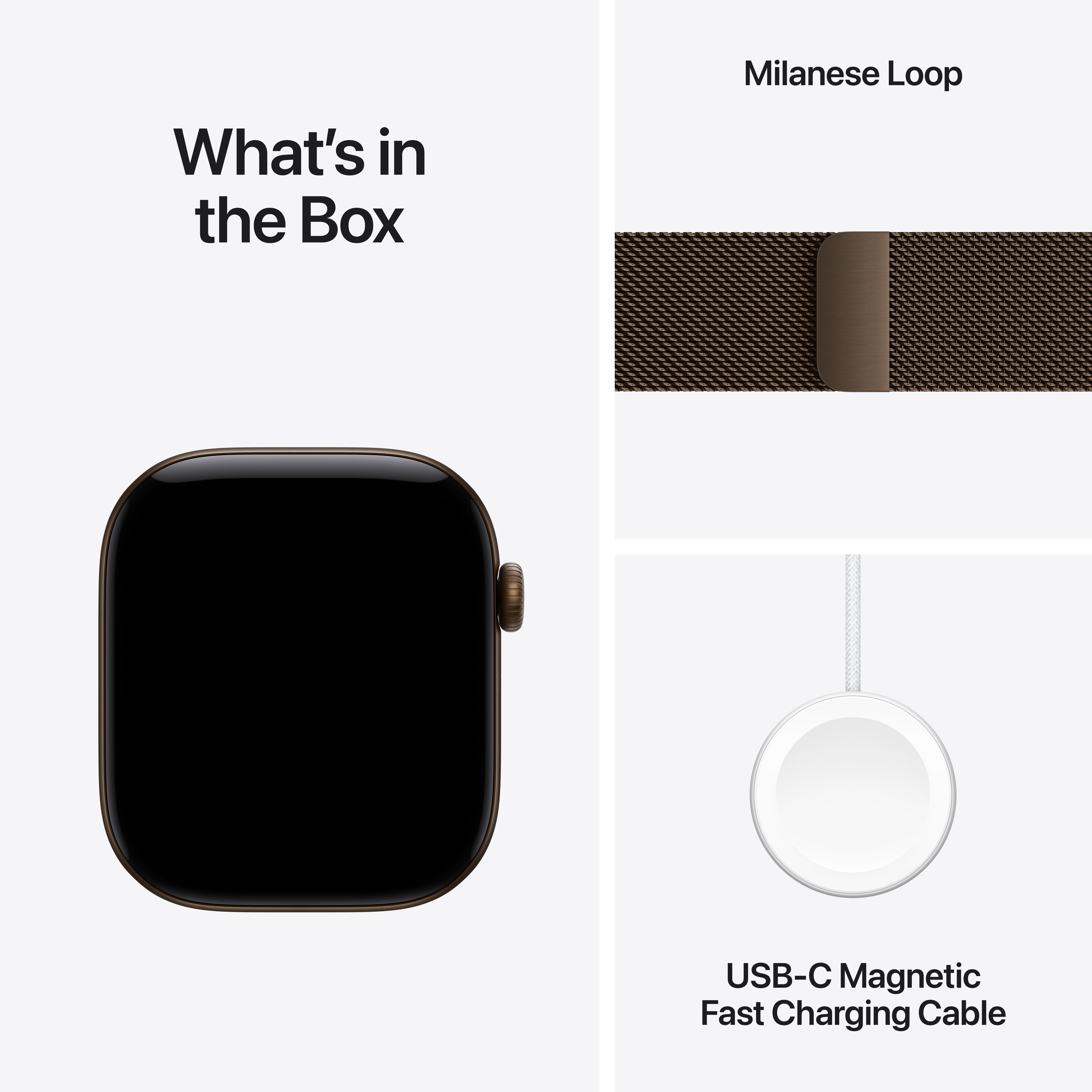 Mi van a dobozban: okosóra, barna milánói hálós szíj és egy USB-C mágneses gyorstöltő kábel.