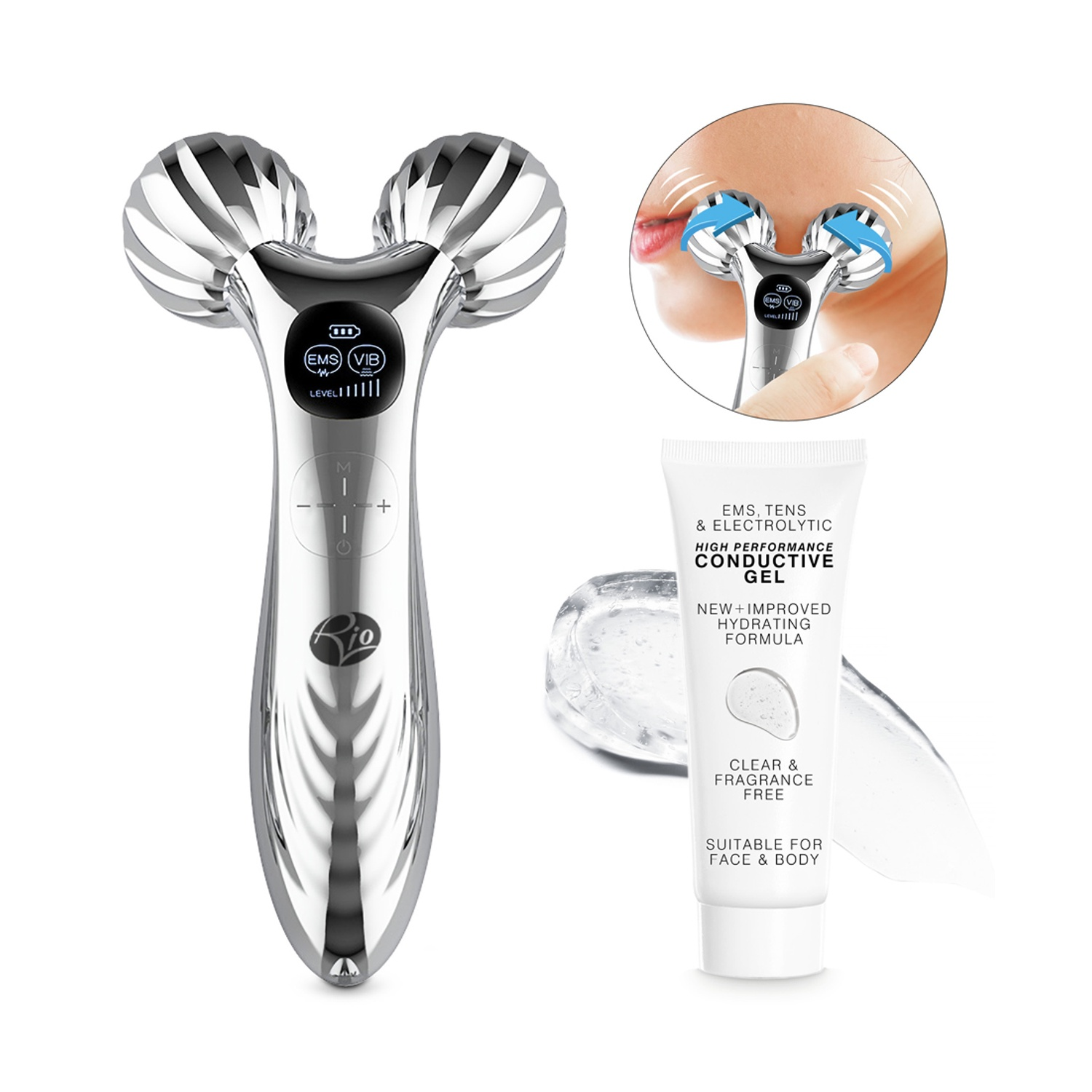 Dispositivo massaggiatore viso argentato con display, tubo di gel conduttivo e riquadro che mostra l'applicazione.