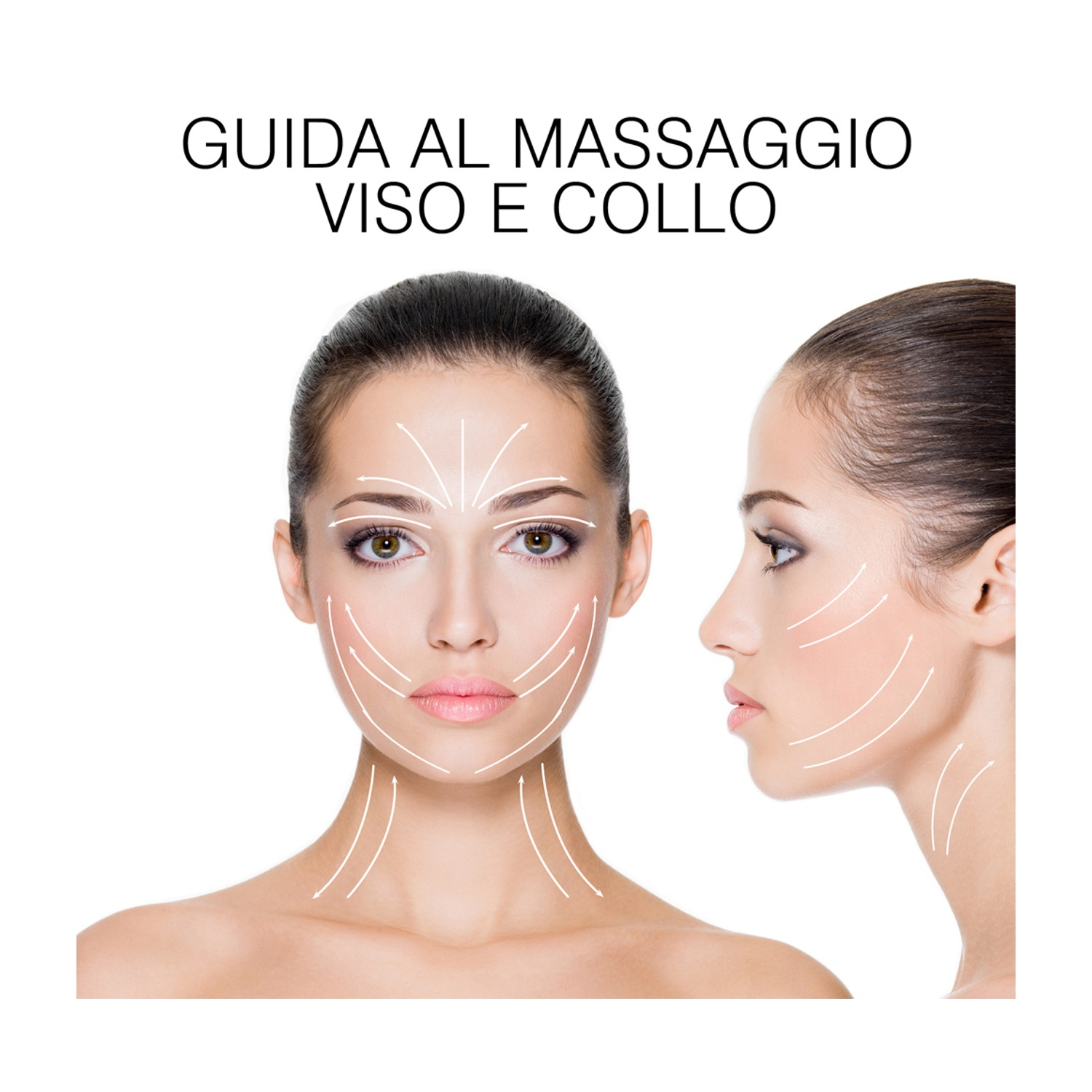 Guida al massaggio viso e collo con frecce direzionali sulla pelle.