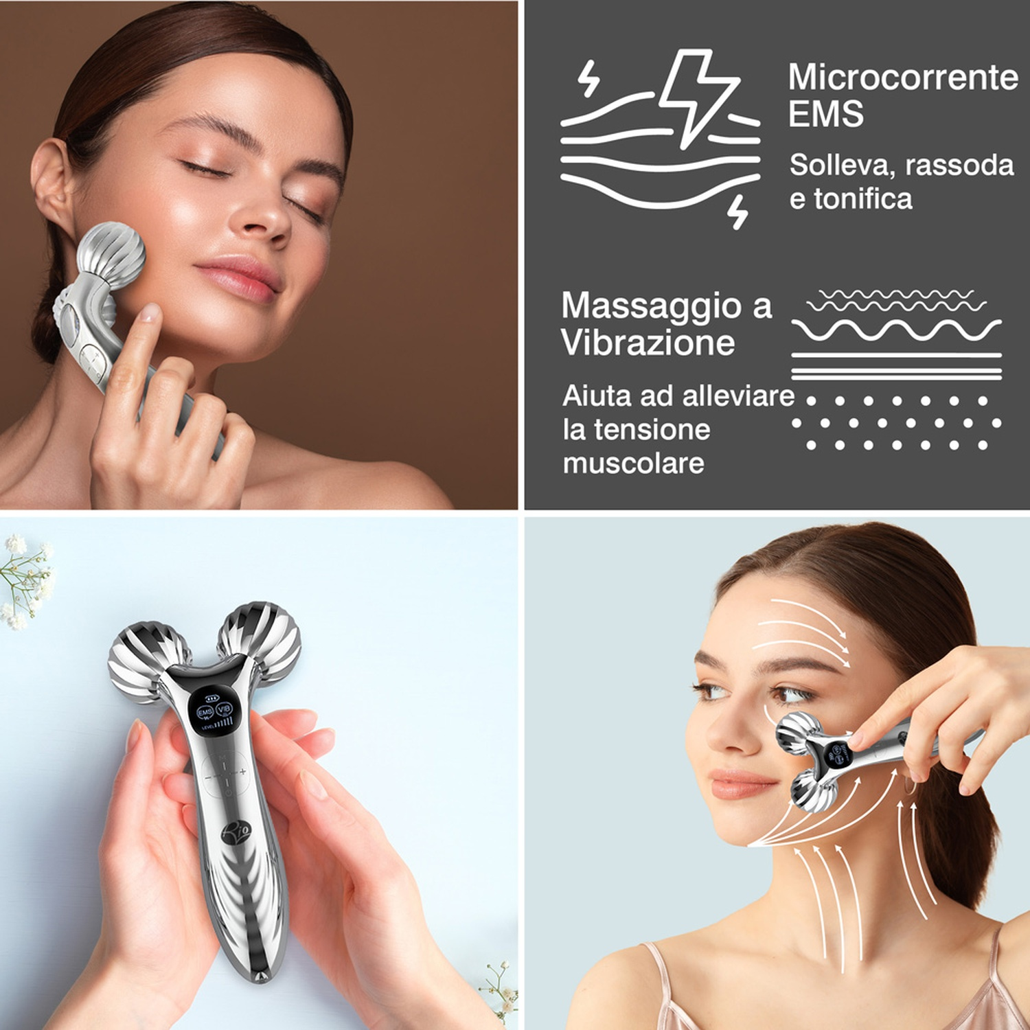 Una donna che usa un rullo facciale argentato con funzioni di microcorrente e vibrazione.