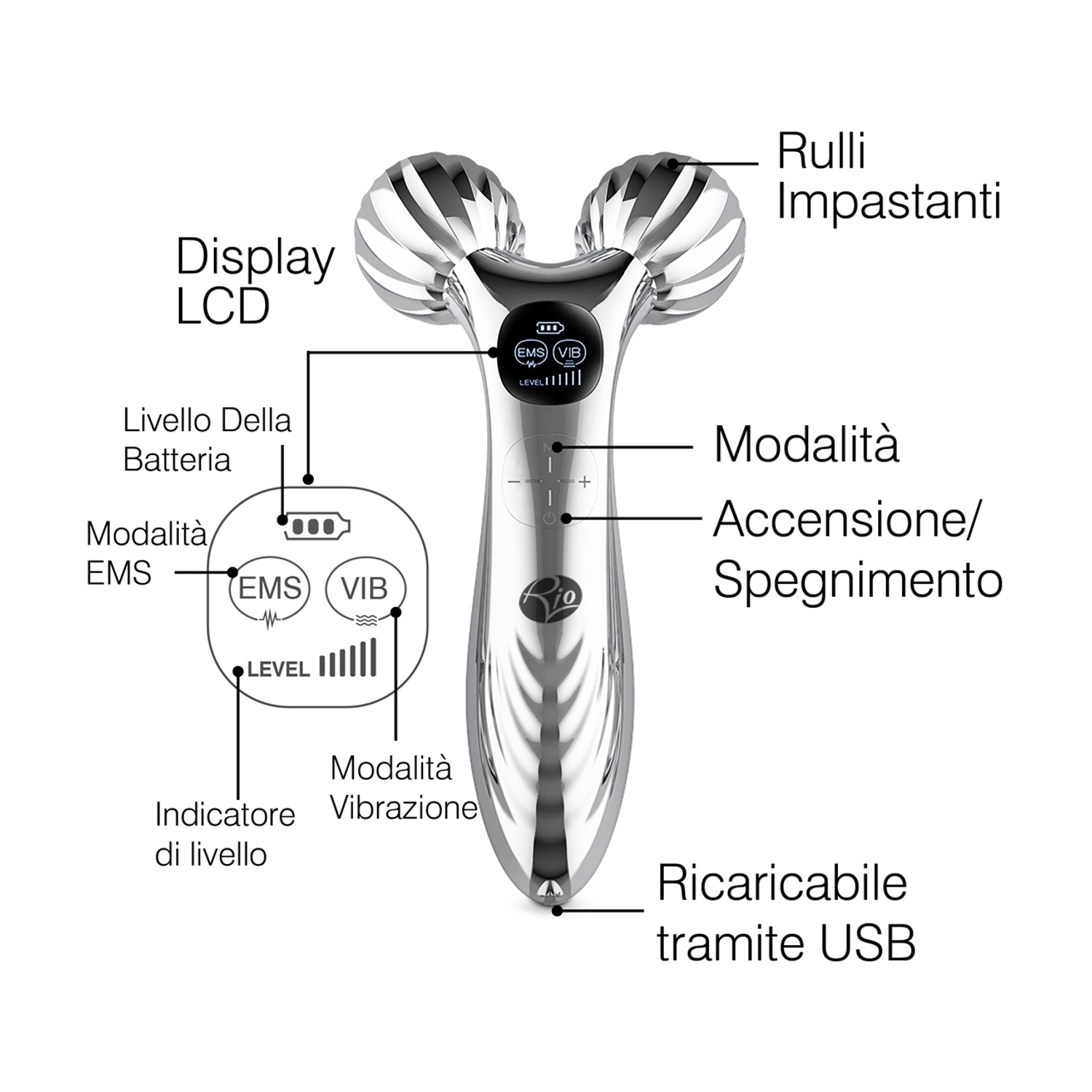 Dispositivo rullo viso in argento con display LCD, pulsanti di controllo ed etichette in italiano.