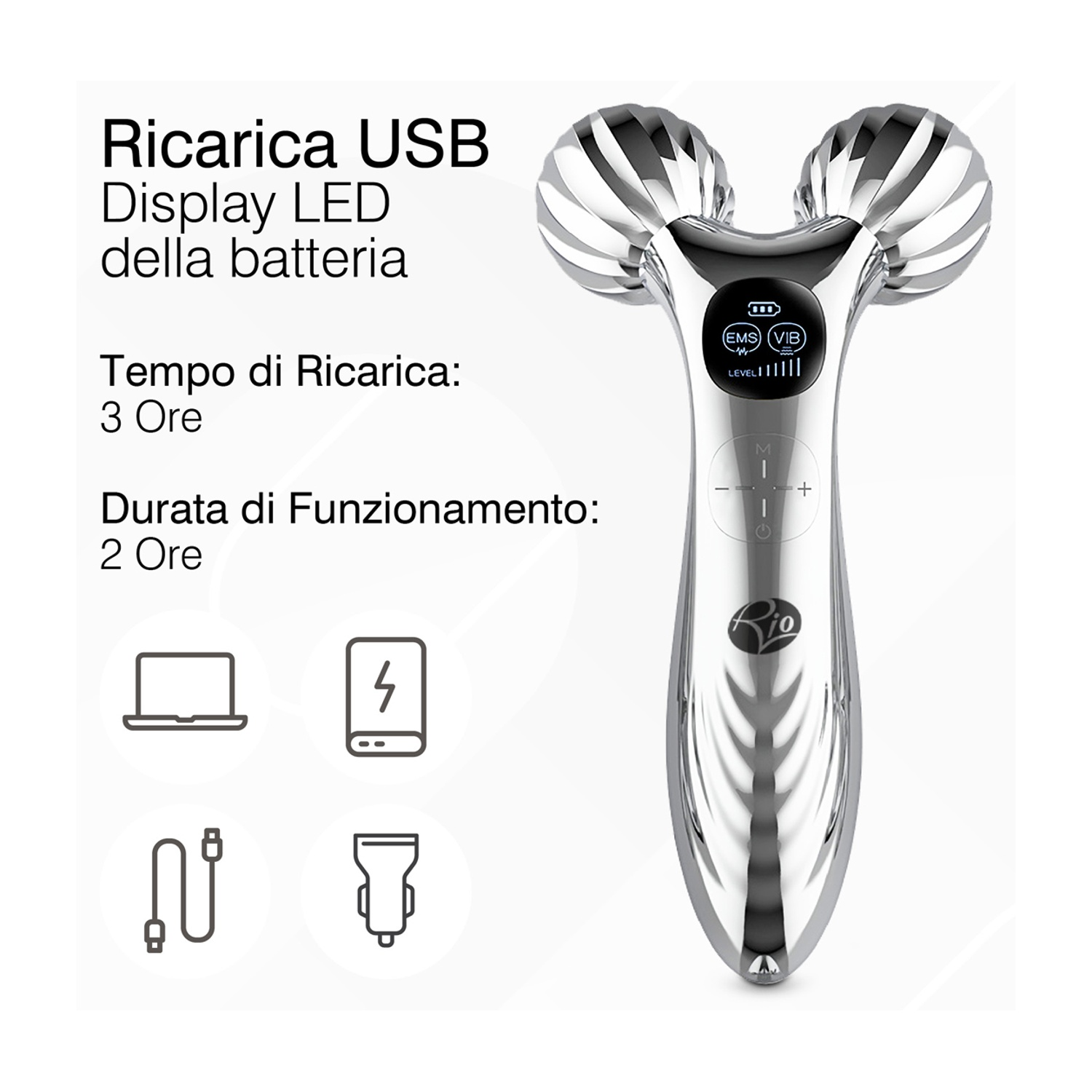 Rullo viso lucido con display LED, icone di ricarica USB e testo in italiano.