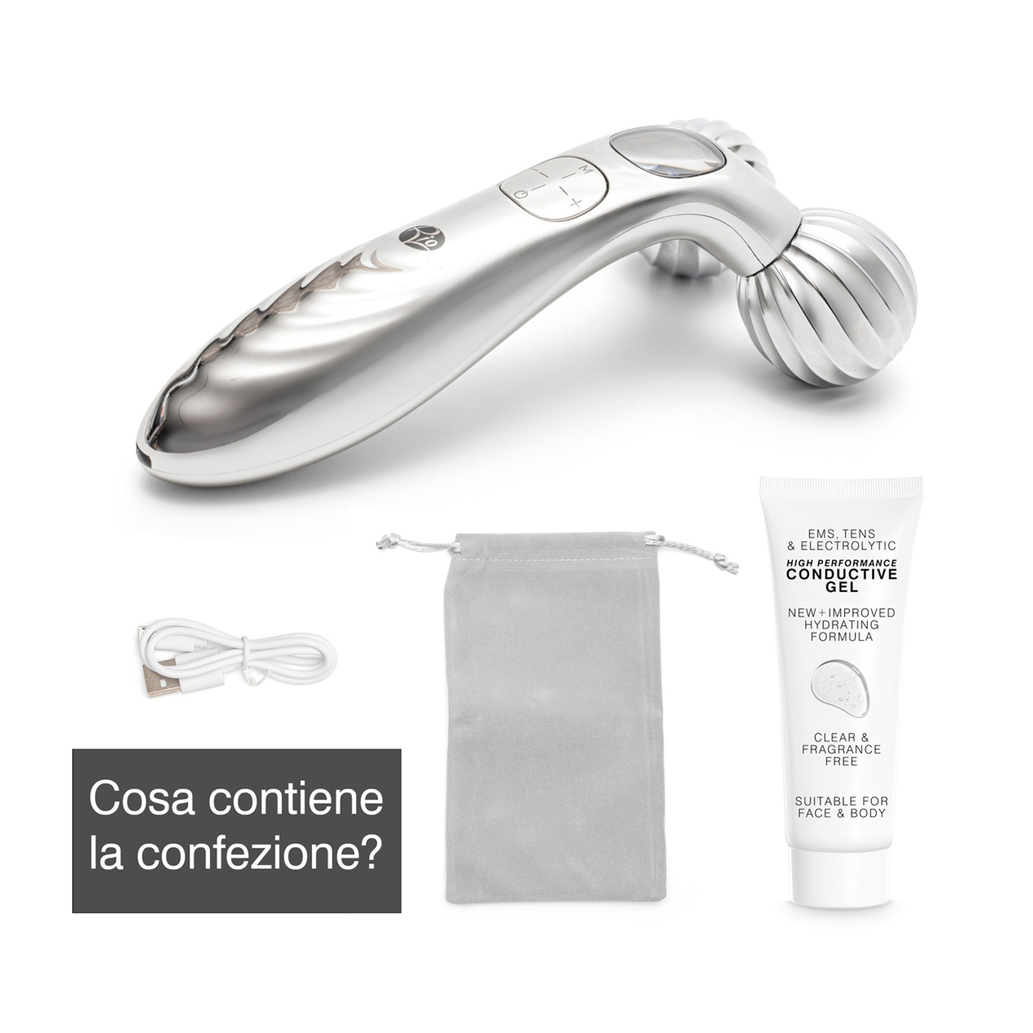 Un rullo facciale argento, una custodia grigia, un cavo USB e un tubo di gel conduttivo su sfondo bianco.