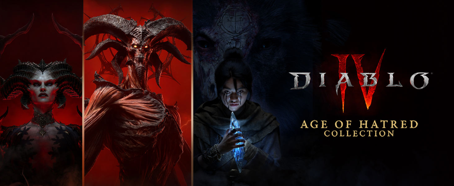 Baner Diablo IV Age of Hatred Collection z Lilith, rogatym demonem i postacią trzymającą niebieski kryształ.