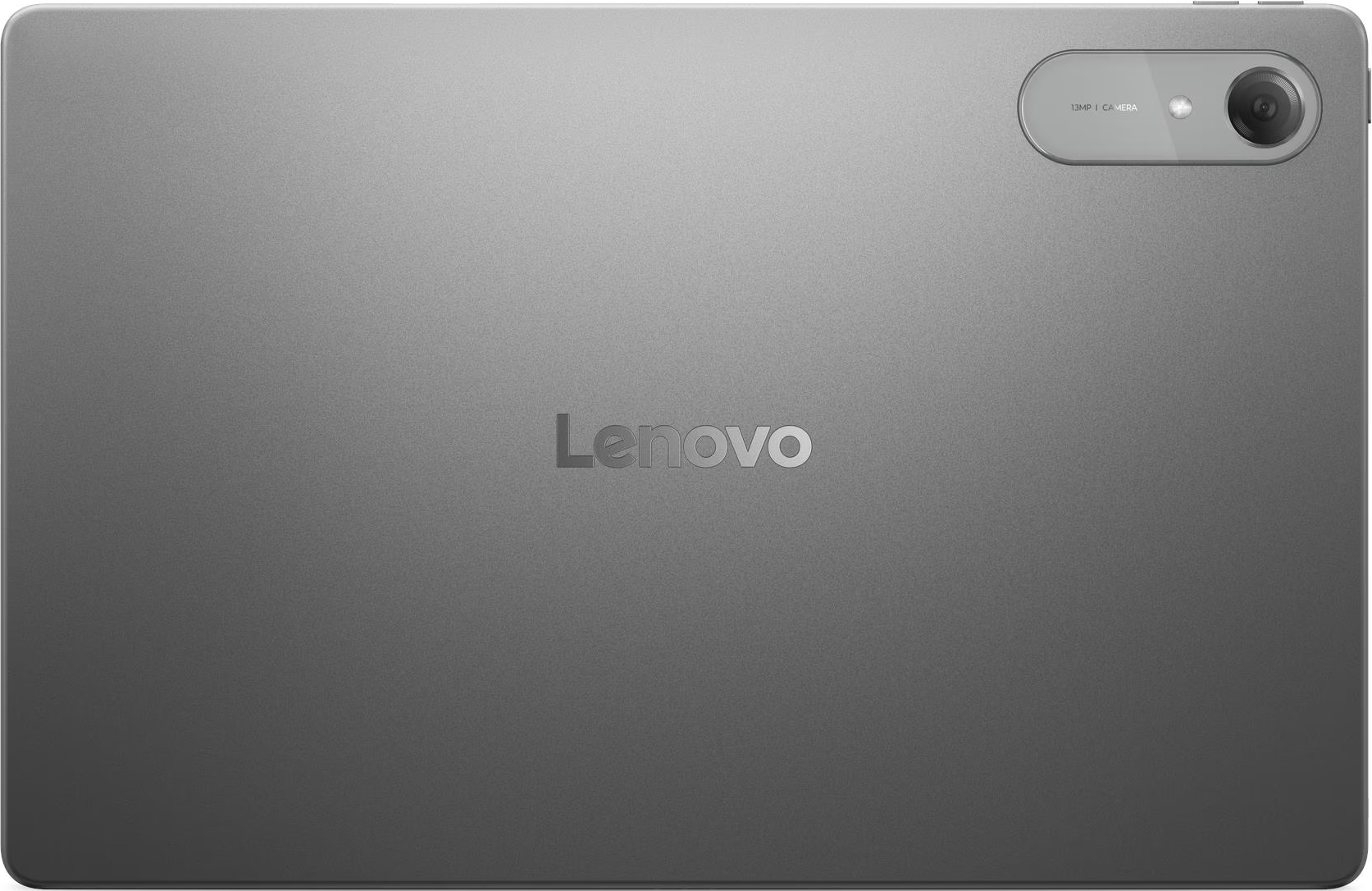 Rückseite eines grauen Lenovo-Tablets mit zentralem Logo und Kamera oben rechts.