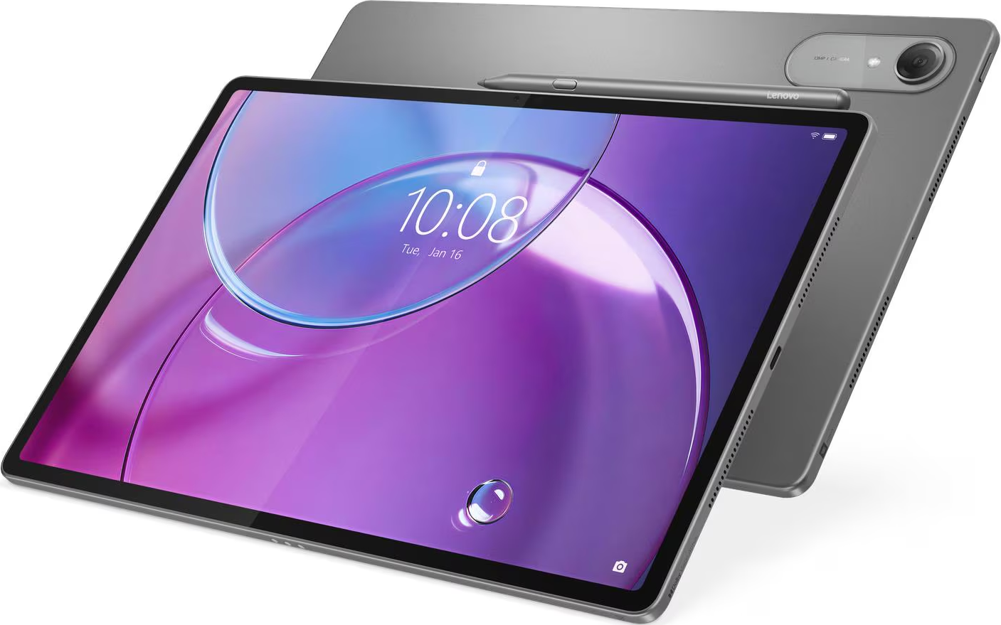 Zwei graue Lenovo-Tablets mit lila Hintergrundbild und Stift liegen auf einer hellen Oberfläche.