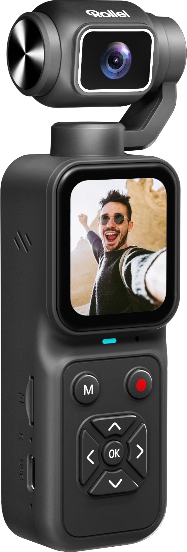 Caméra portative grise Rollei avec écran affichant un homme prenant un selfie et un pavé de commande.