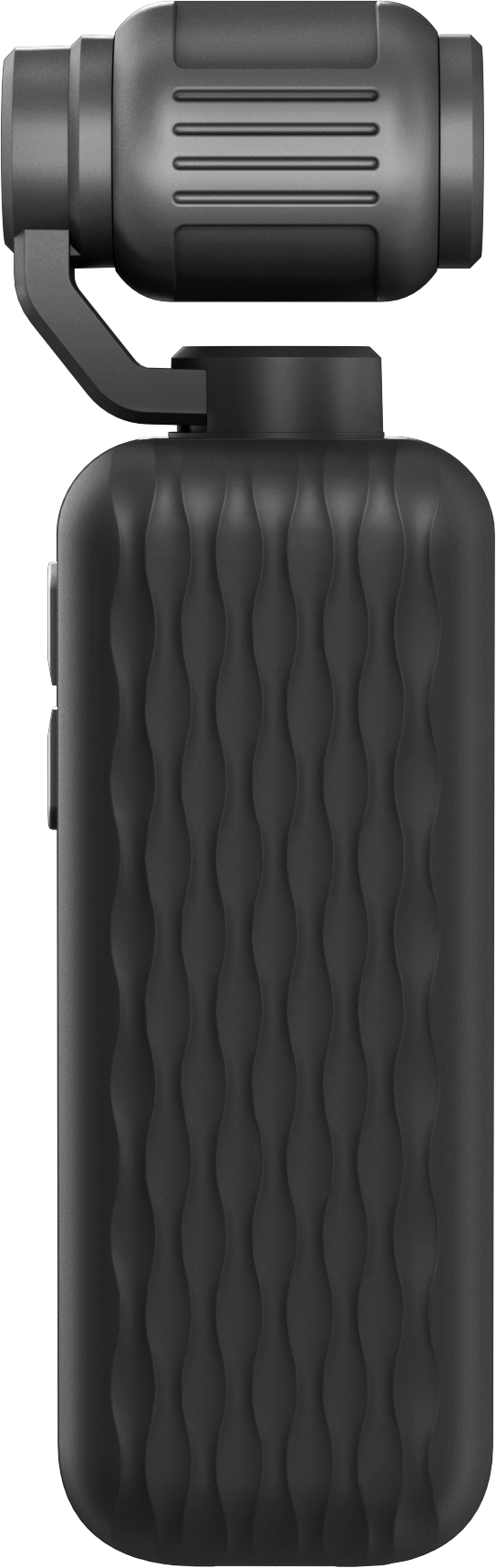 Caméra de poche noire avec cardan et poignée texturée sur fond noir.