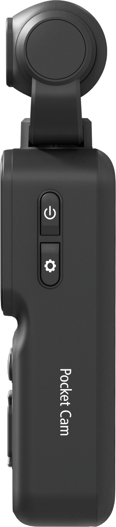 Vue latérale d'une caméra de poche noire montrant les boutons d'alimentation et de réglage, ainsi que le texte Pocket Cam.