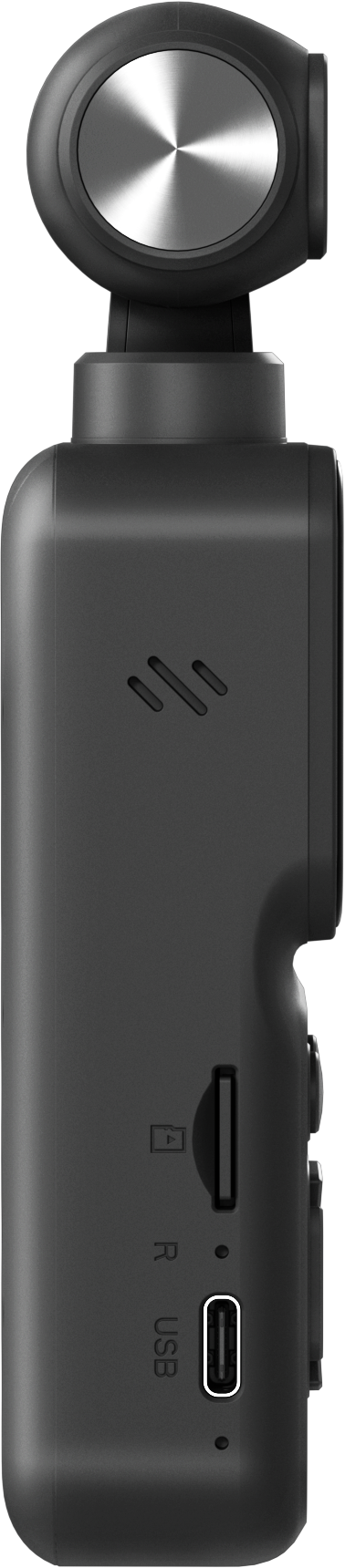 Gros plan d'une caméra stabilisée noire montrant son profil latéral, son port USB-C et son emplacement pour carte.