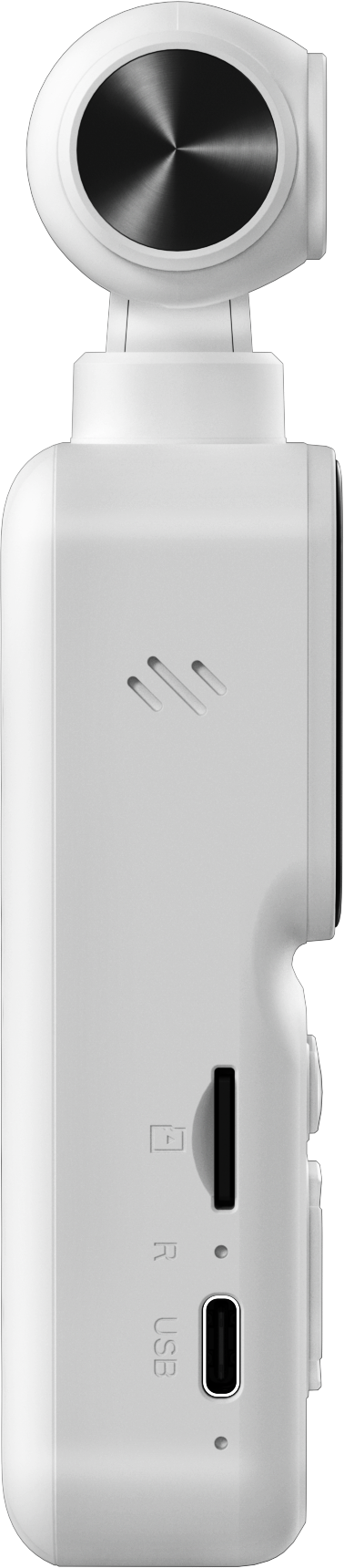 Une caméra stabilisée blanche de profil montre le port USB-C, le lecteur SD et le micro sur fond noir.