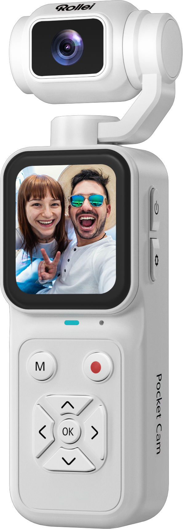 Caméra de poche Rollei blanche avec un écran affichant un couple heureux faisant un selfie.