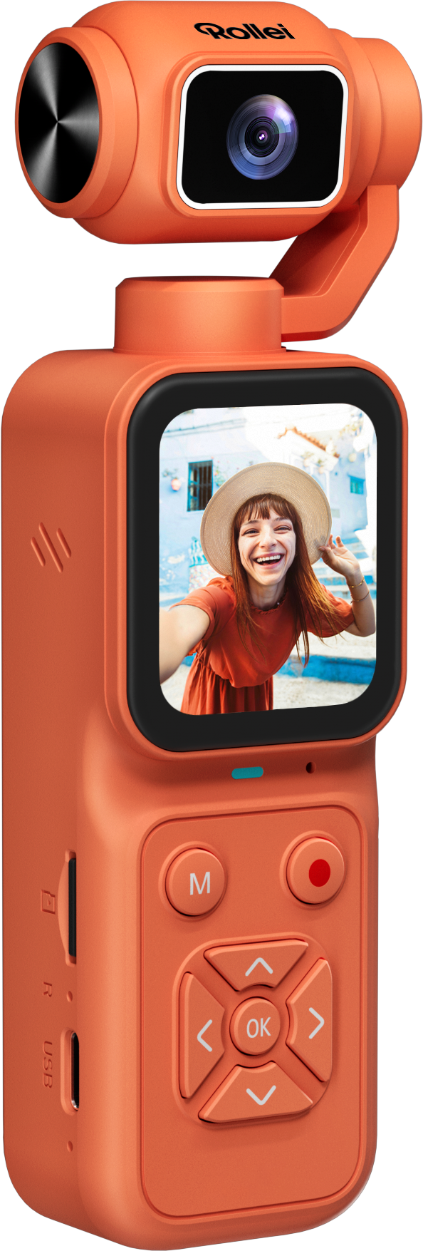 Une caméra stabilisée Rollei orange avec un écran affichant une femme souriante à l'extérieur.